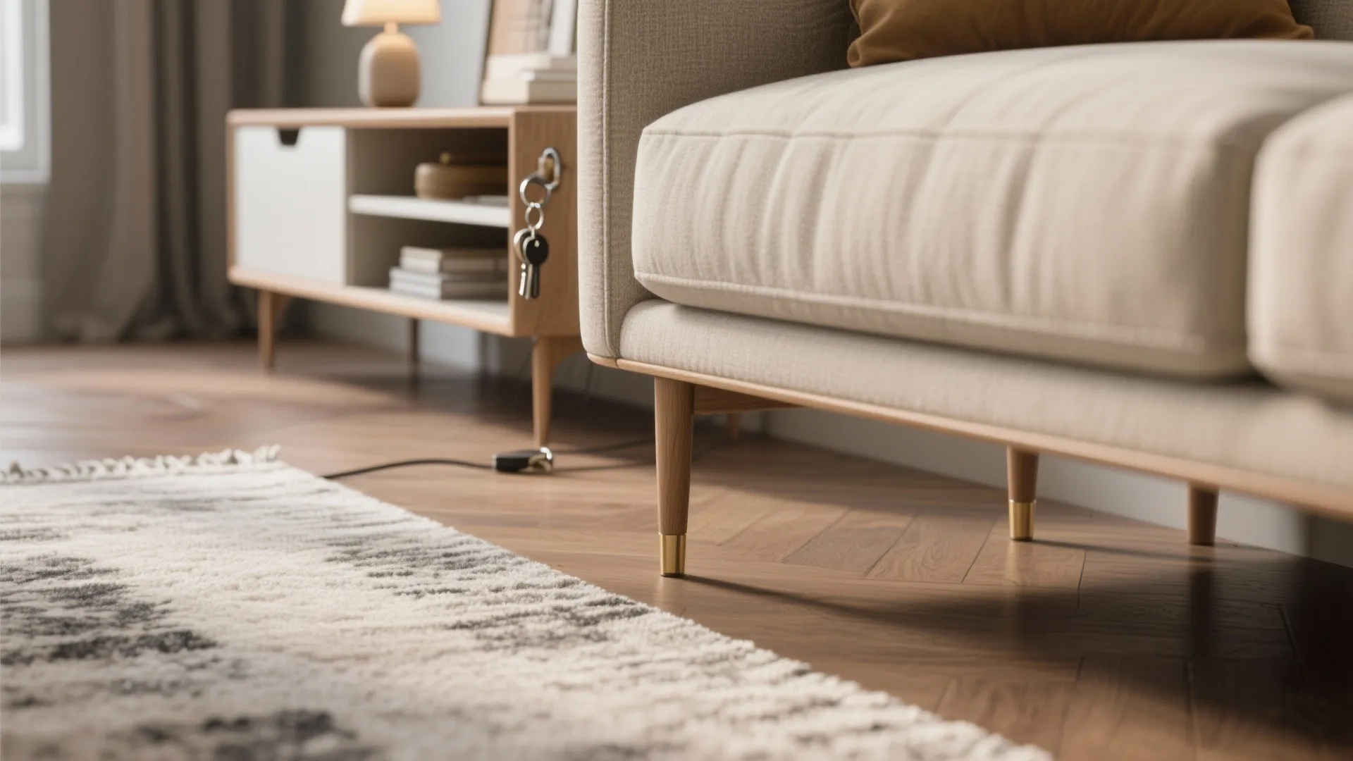 Macro detail of sofa leg on rug and matched leg-floor tone showing practical layout tips