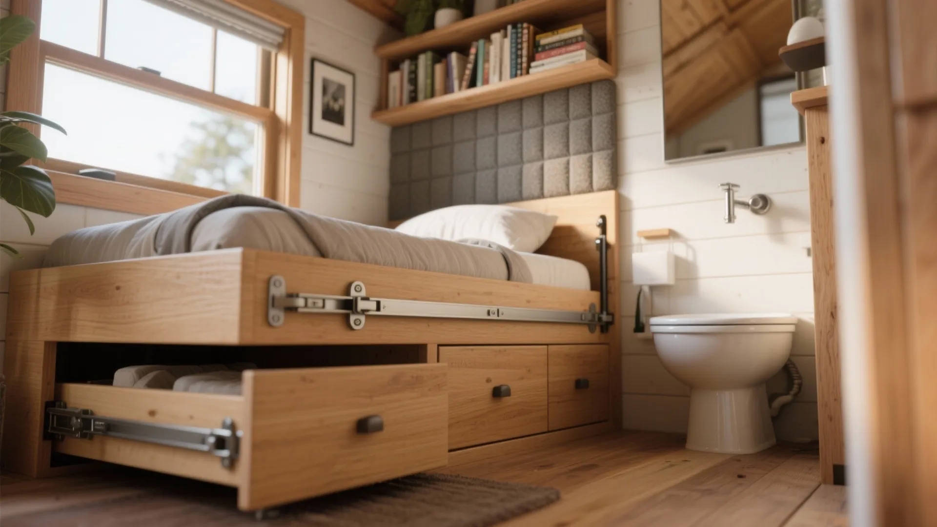 Wooden bed with open storage drawers next to a white toilet in a tiny room