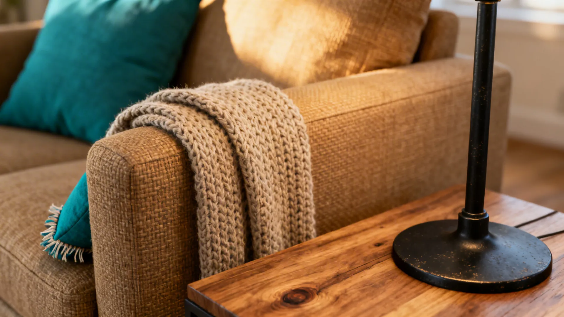 Close-up of tan couch fabric, knit throw, and accent cushion showing texture and contrast