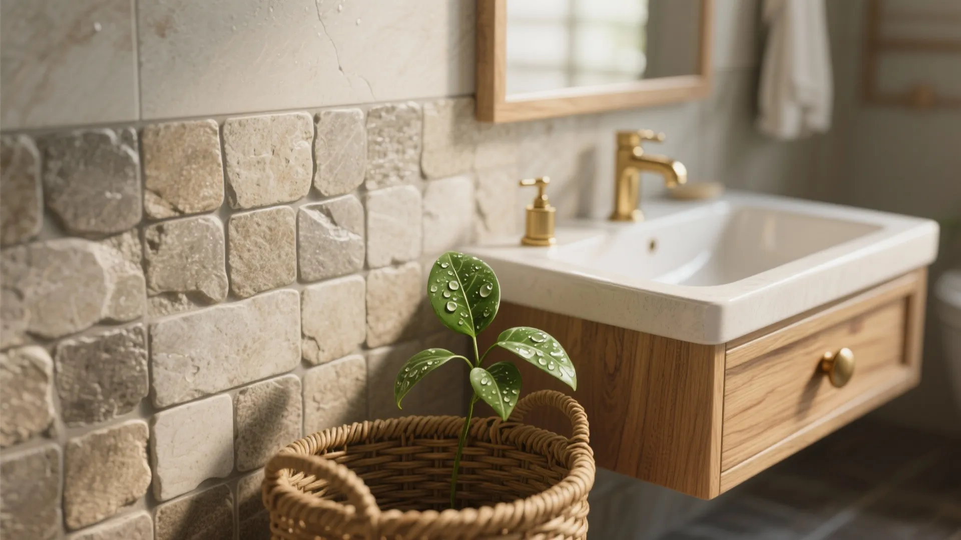 Close up of stone wall tiles with wooden cabinet white sink gold tap and plant
