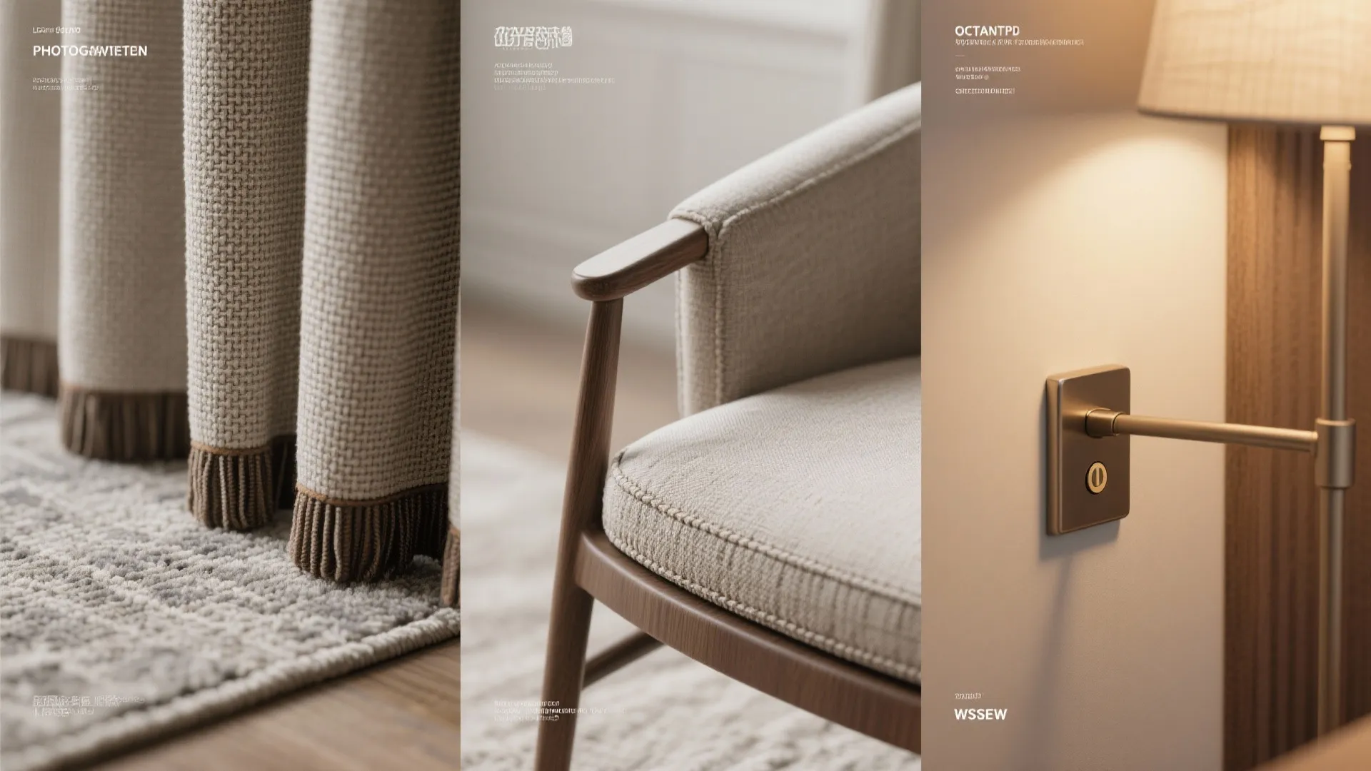 Close up shots showing curtain fabric details a wooden chair armrest and a wall light