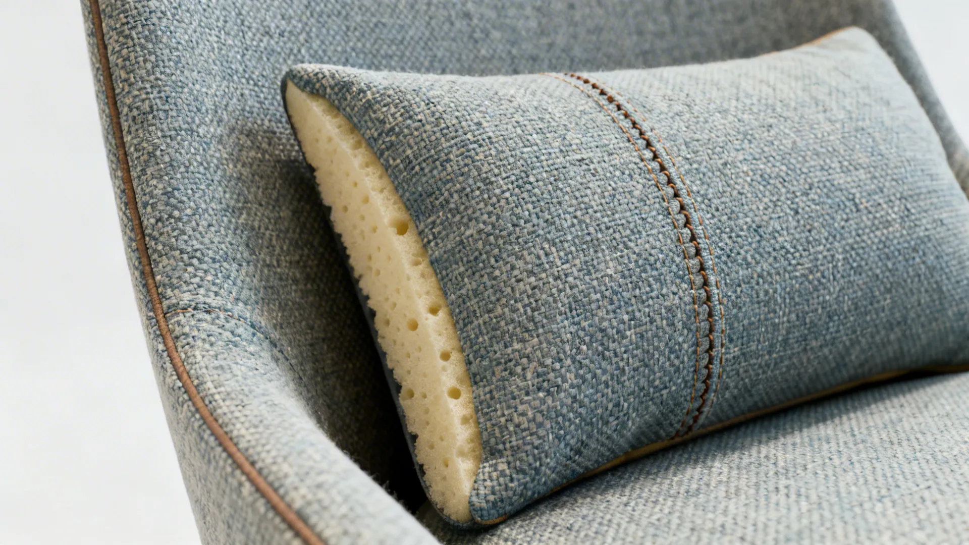 Close-up details of cushion foam, fabric weave and stitching on accent chairs