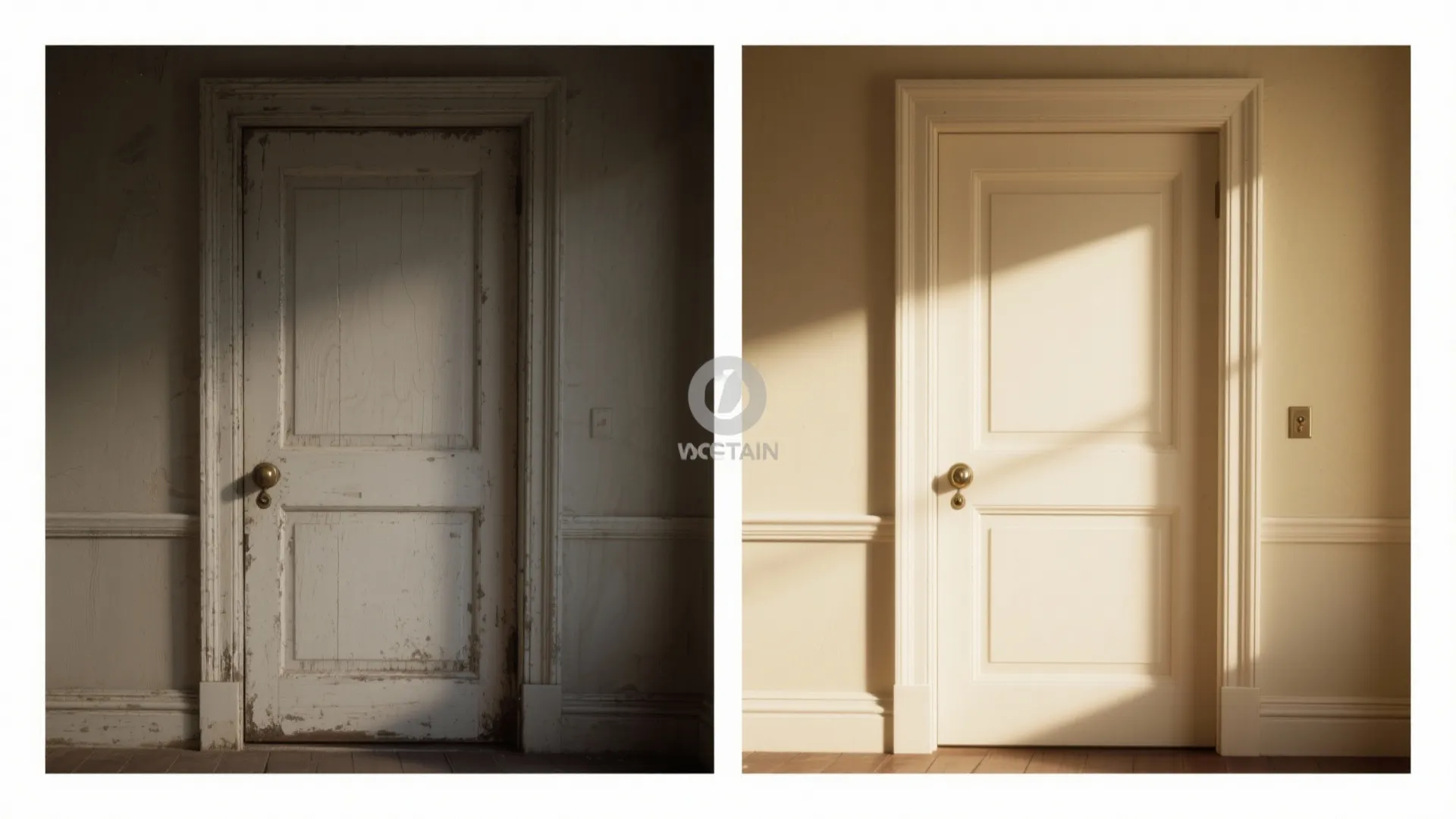 Before and after comparison of an old damaged door and a clean white painted door