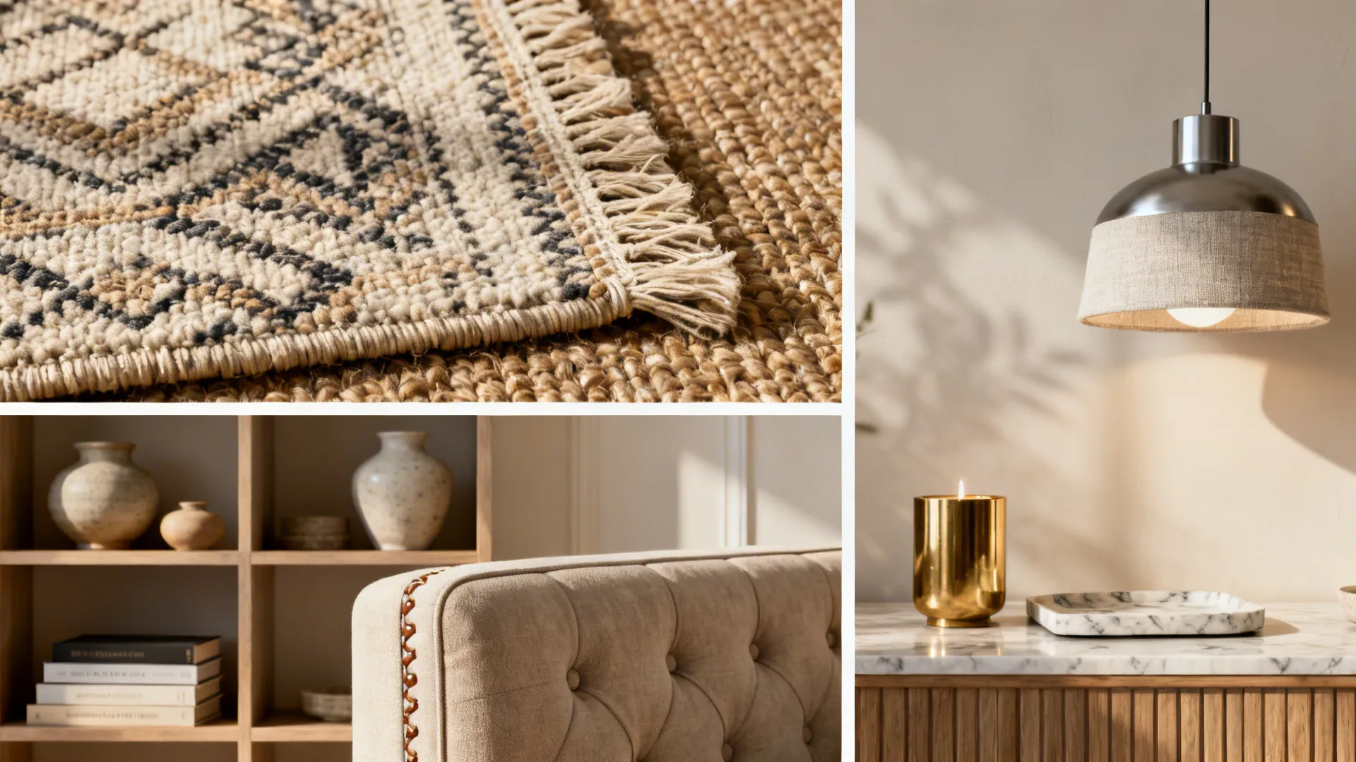 Collage of home decor items featuring a patterned rug ceiling light candle and beige sofa