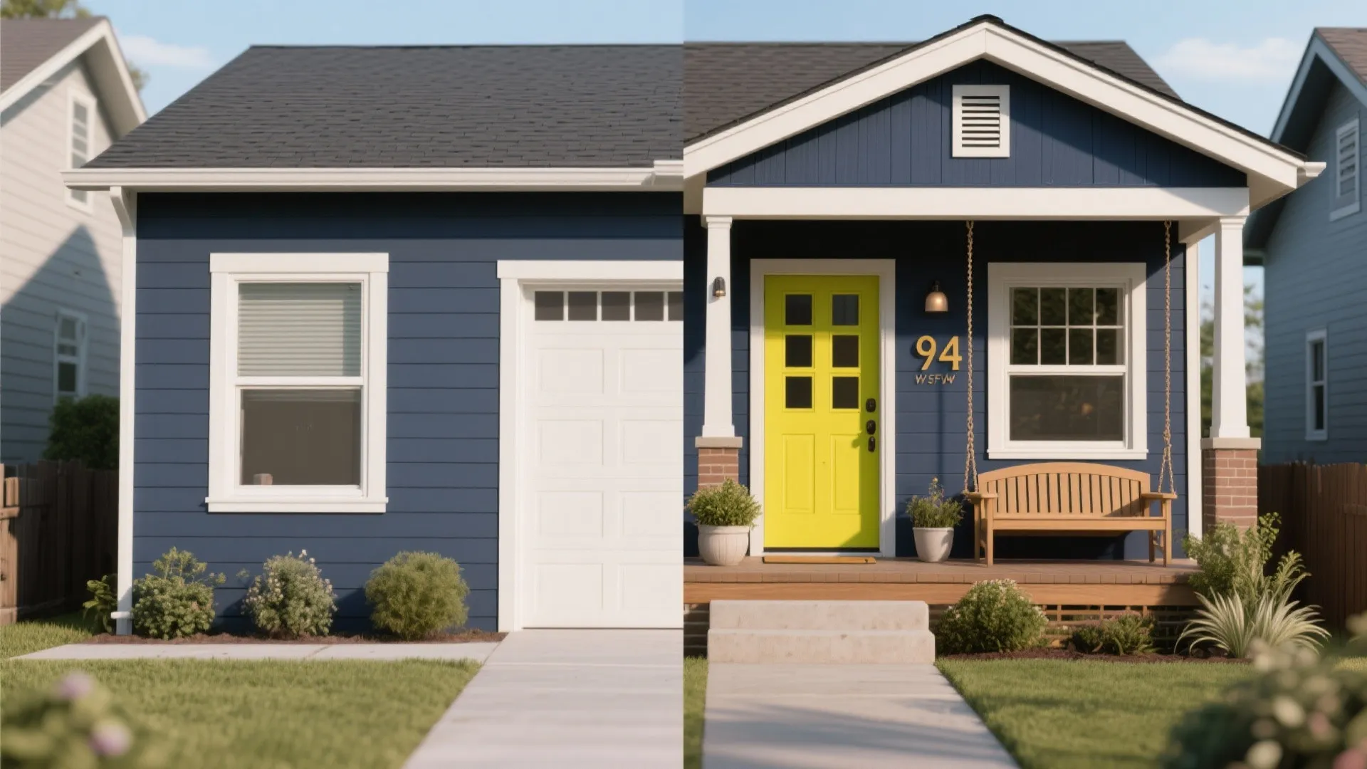 Before and after comparison of home exterior with new yellow door, porch bench, and plants