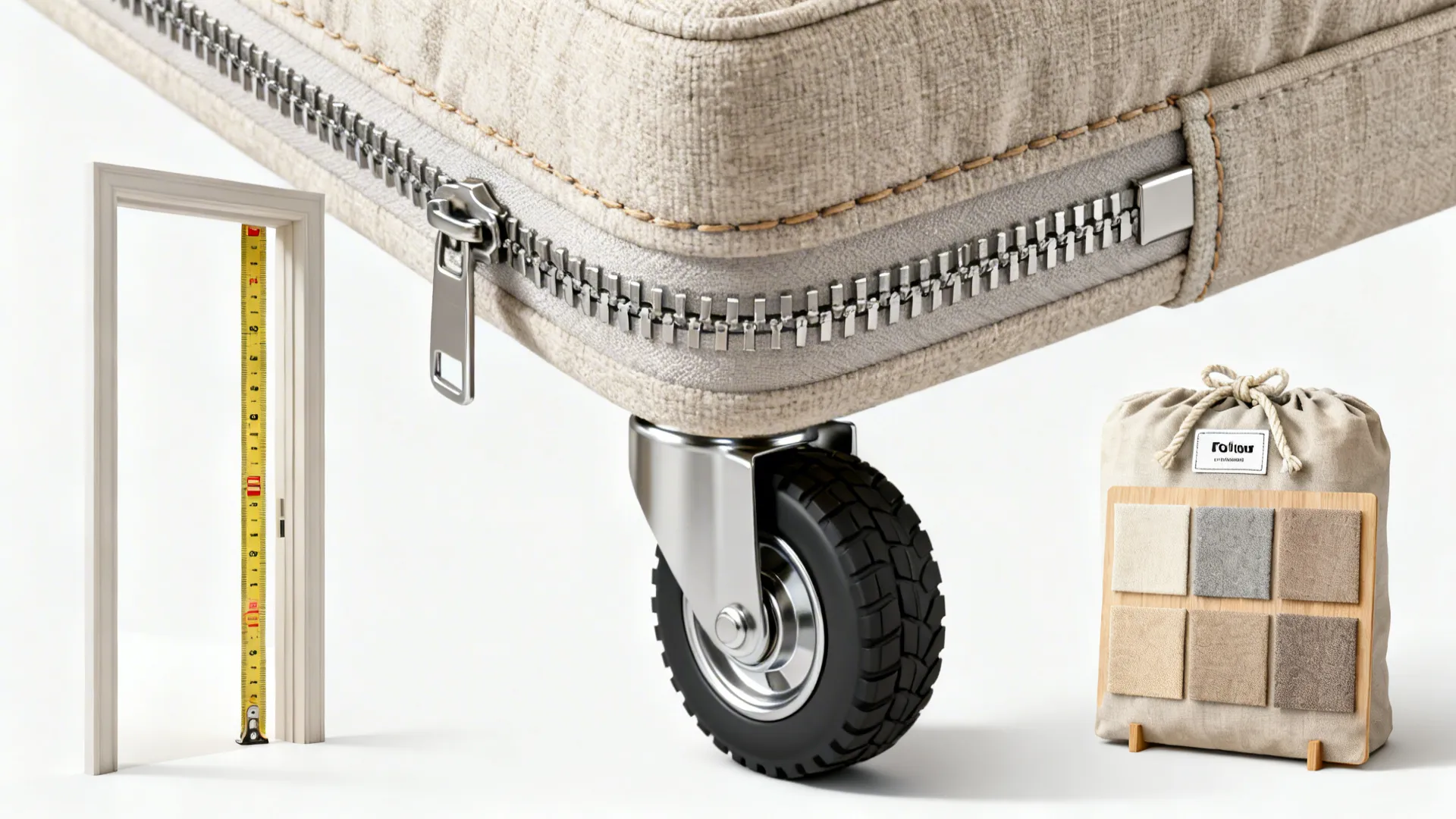 Close-ups of doorway measurement, removable cover zipper, caster wheel and fabric swatches for modular sofas.