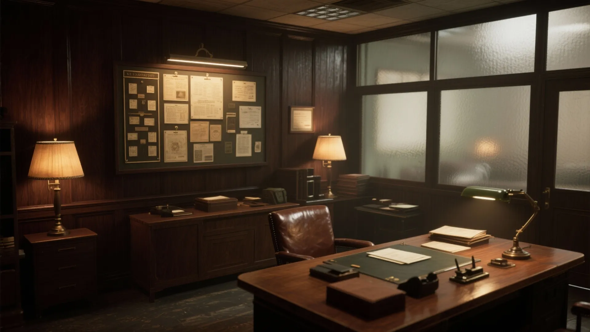 Classic detective office featuring wooden walls, leather chair, large desk, green lamp, and notice board