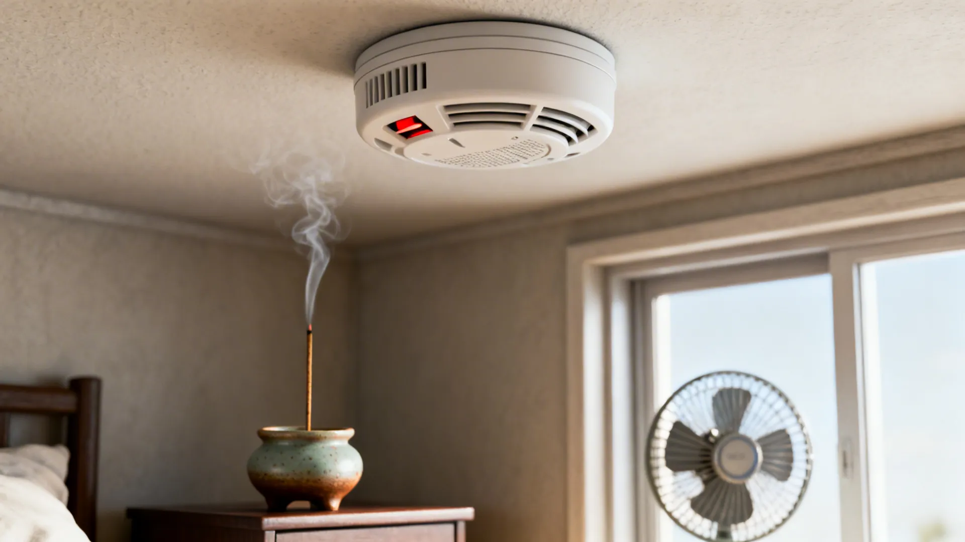 Smoke detector above a bedside table with an incense holder and a fan nearby, illustrating detector risk.