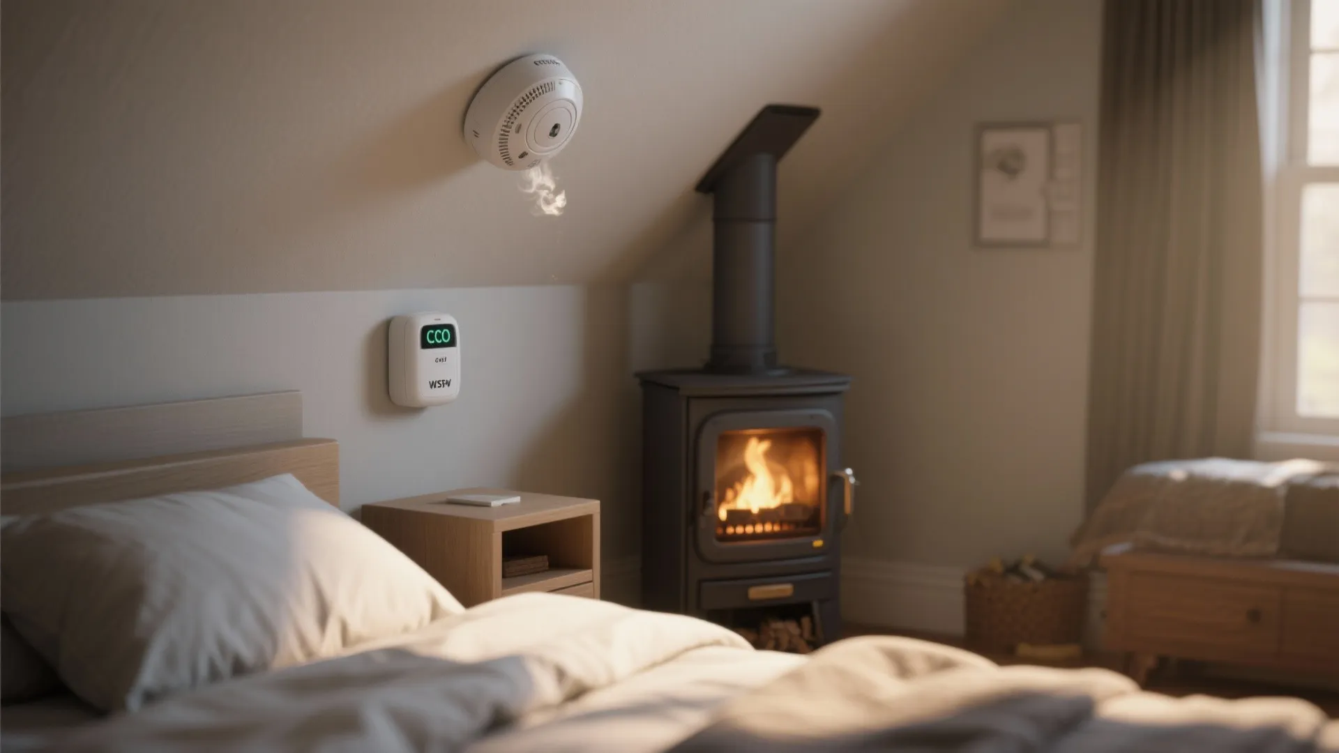 Bedroom ceiling with carbon monoxide and smoke detectors and a quiet pellet stove in the background