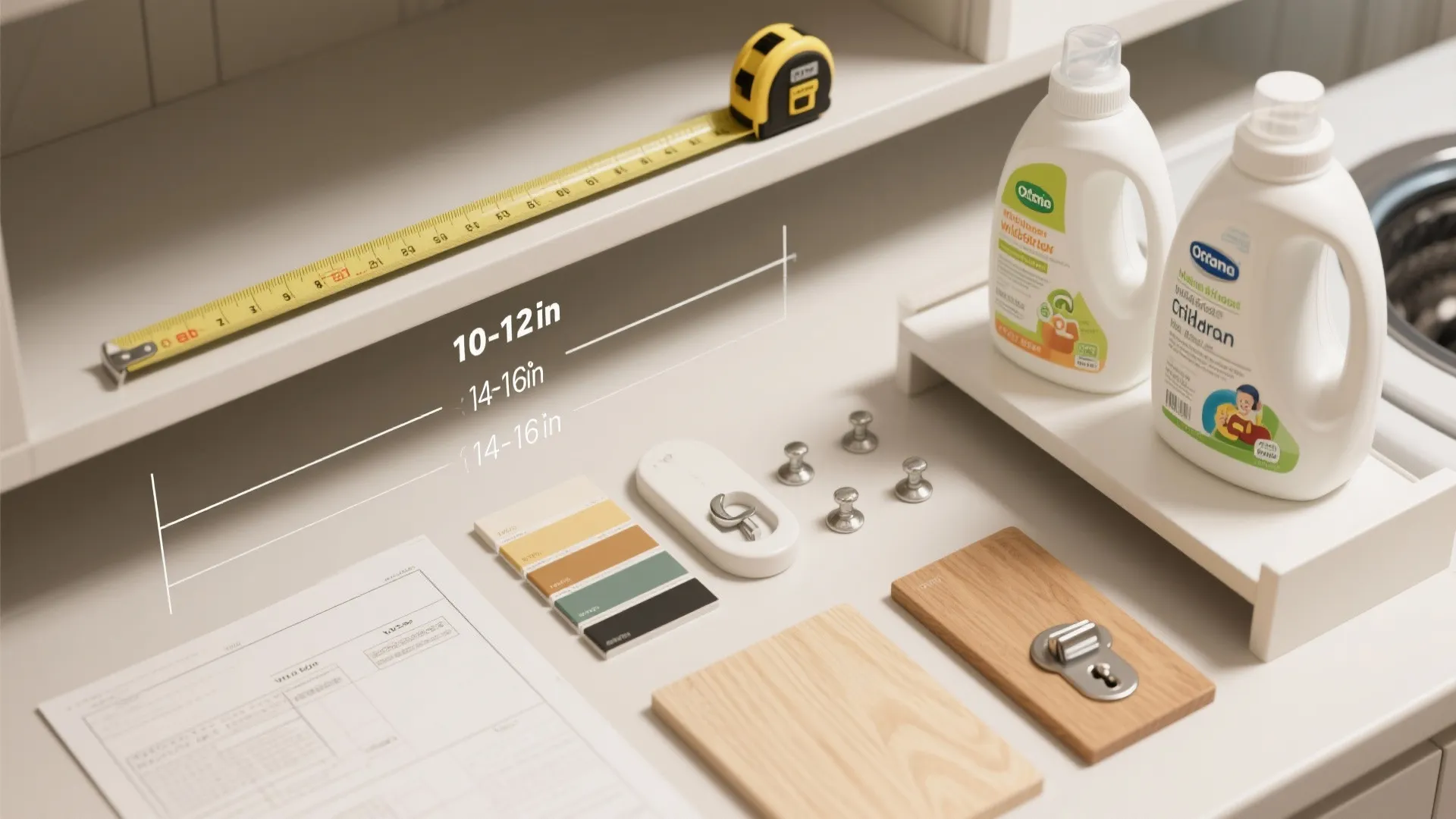 Laundry detergent bottles and yellow measuring tape on white surface with color swatches wood samples