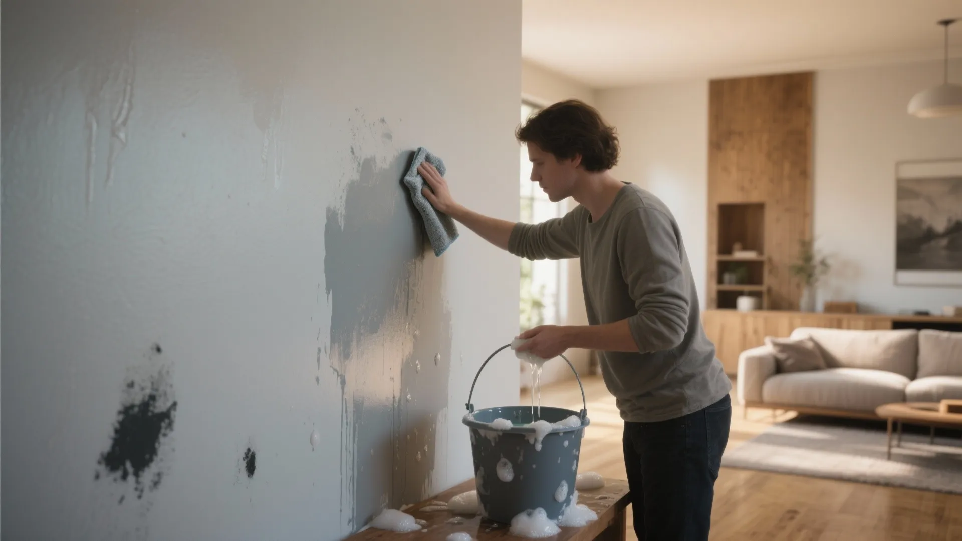 Man washing a wall with soapy water and cloth in a modern bright living room