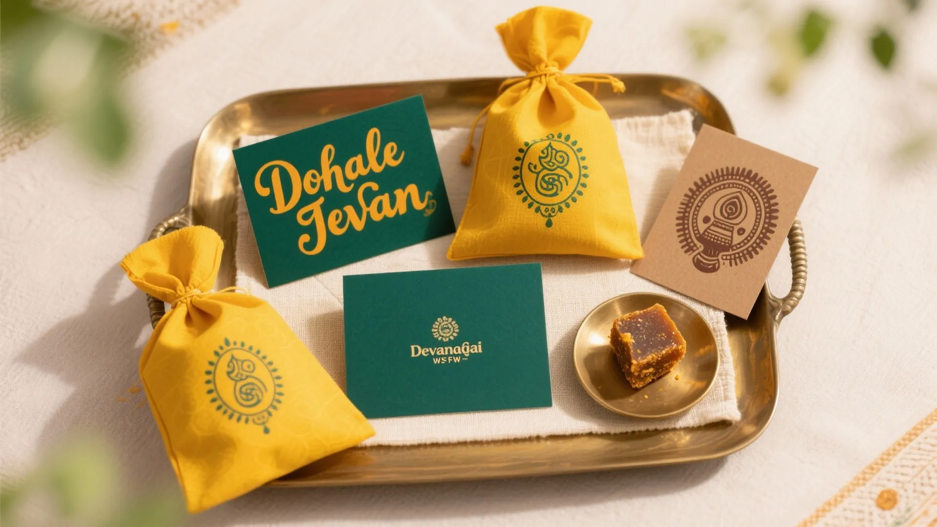 Brass tray holding green cards, yellow fabric gift bags, and a small plate with food