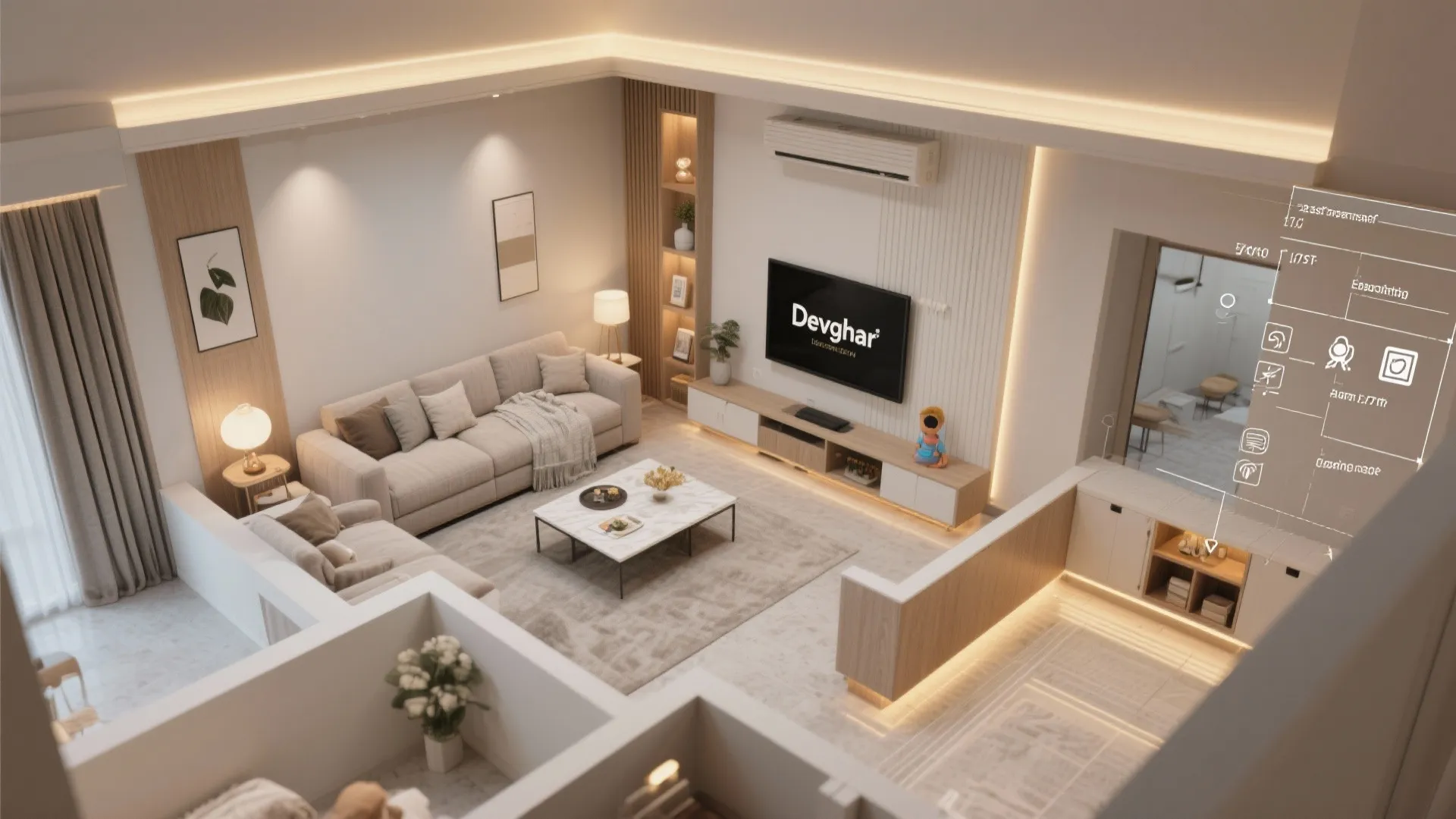 Interior design drawing showing living room layout with sofas, television, and digital design interface icons