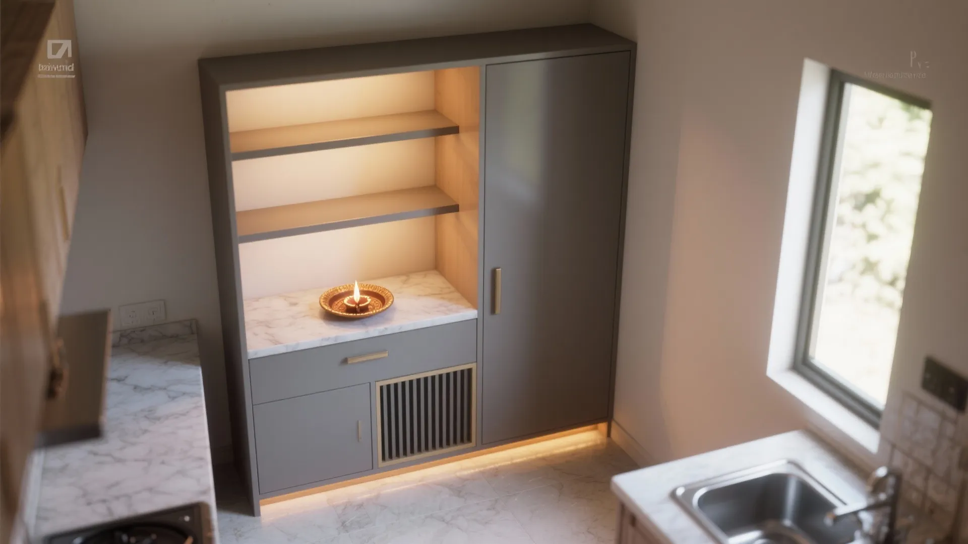 Modern grey storage cabinet in kitchen with marble countertop open shelves and a small candle light