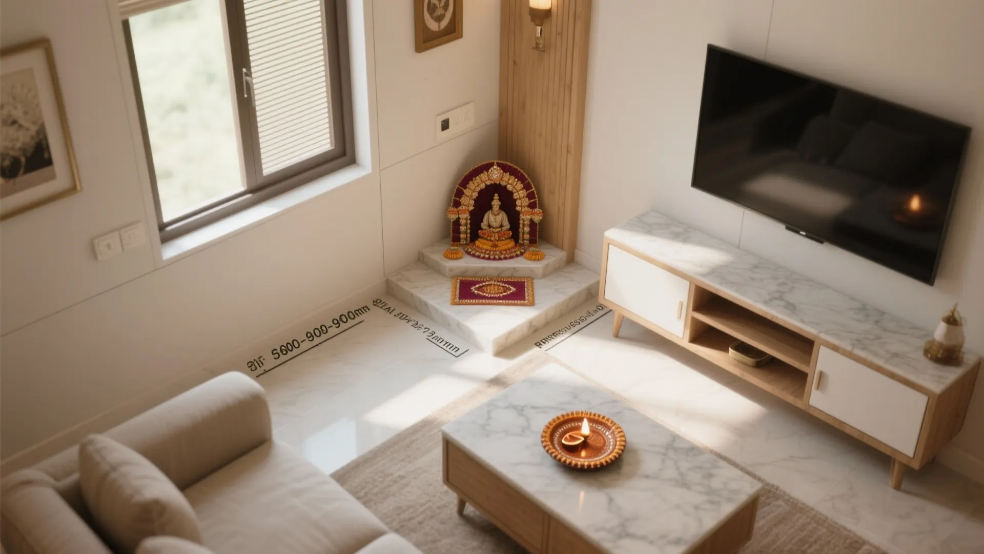 Top view of a living room corner with floor measurements and small statue on marble