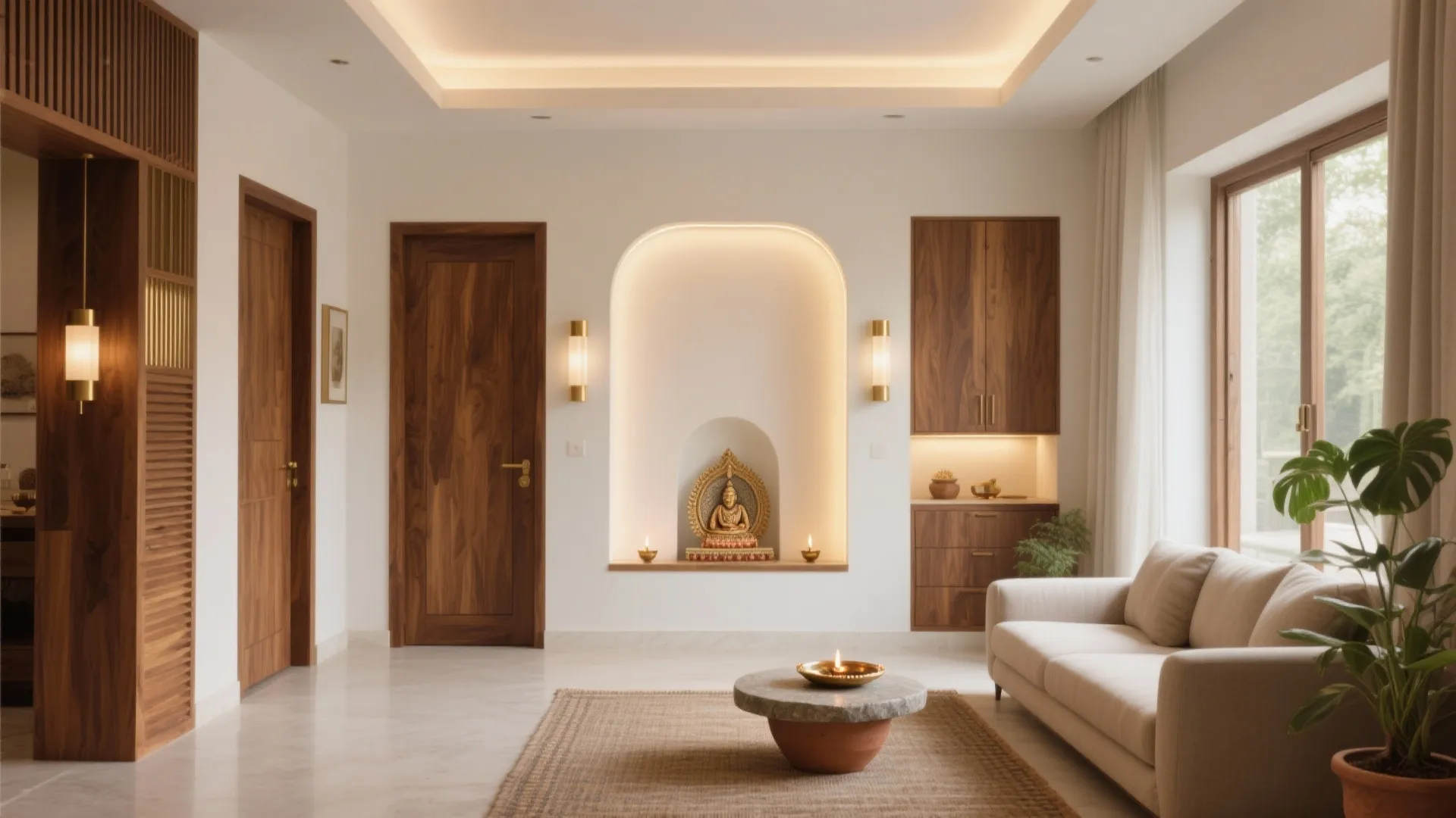 Modern living room with white sofa round coffee table wooden doors and lighted wall niche