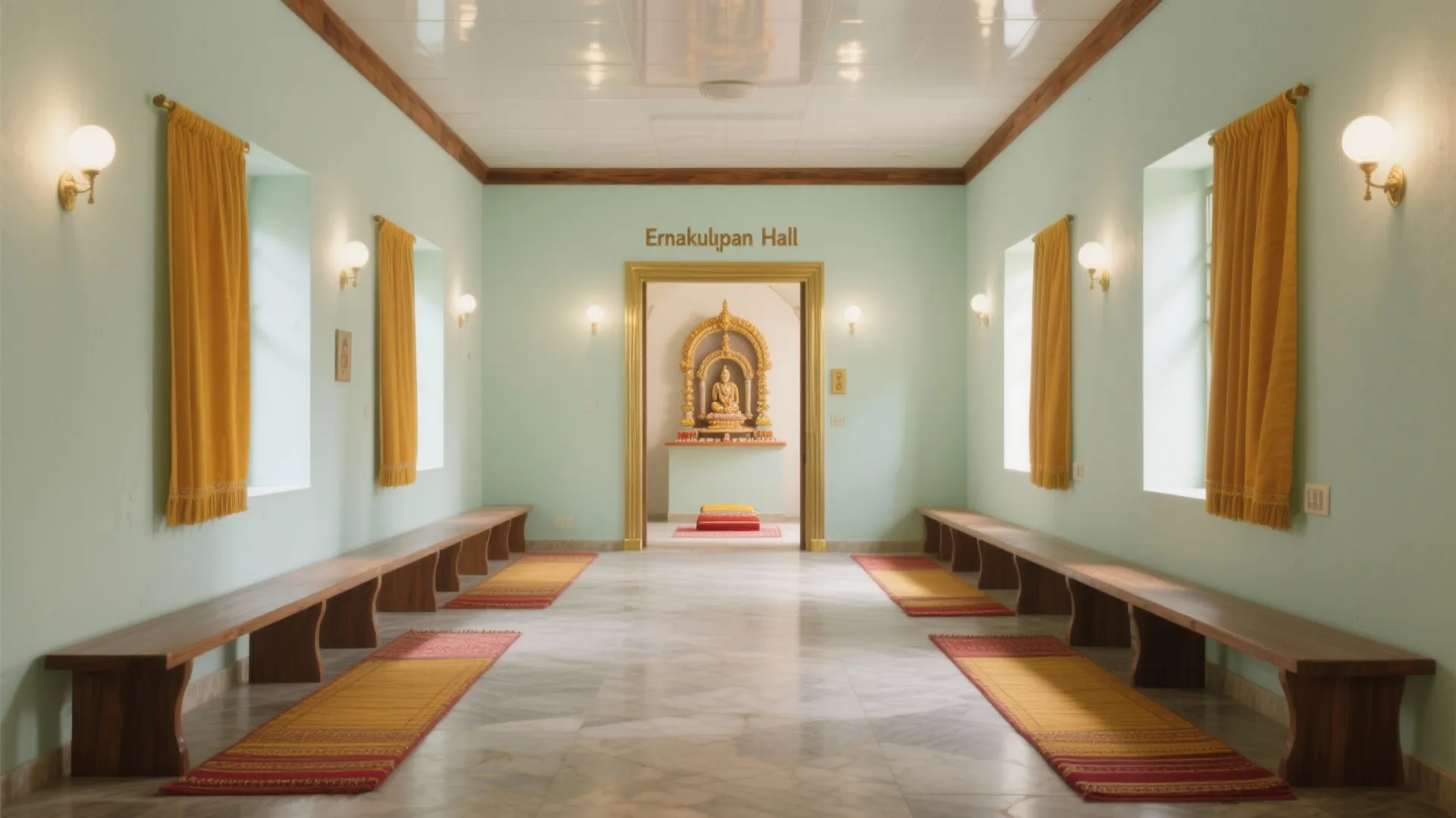 Bright interior hall with light green walls long wooden benches yellow curtains and golden wall lights