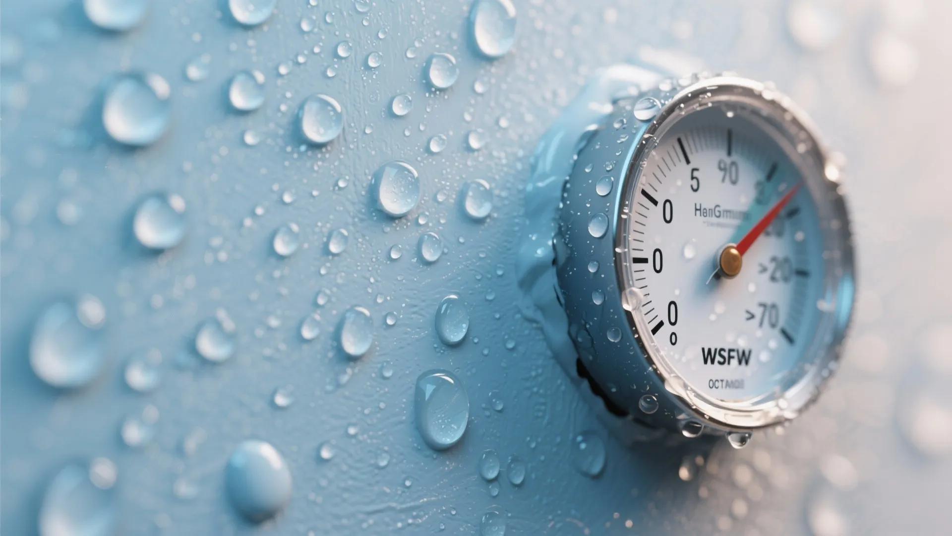 Close up of water drops on blue wall next to round white humidity meter gauge