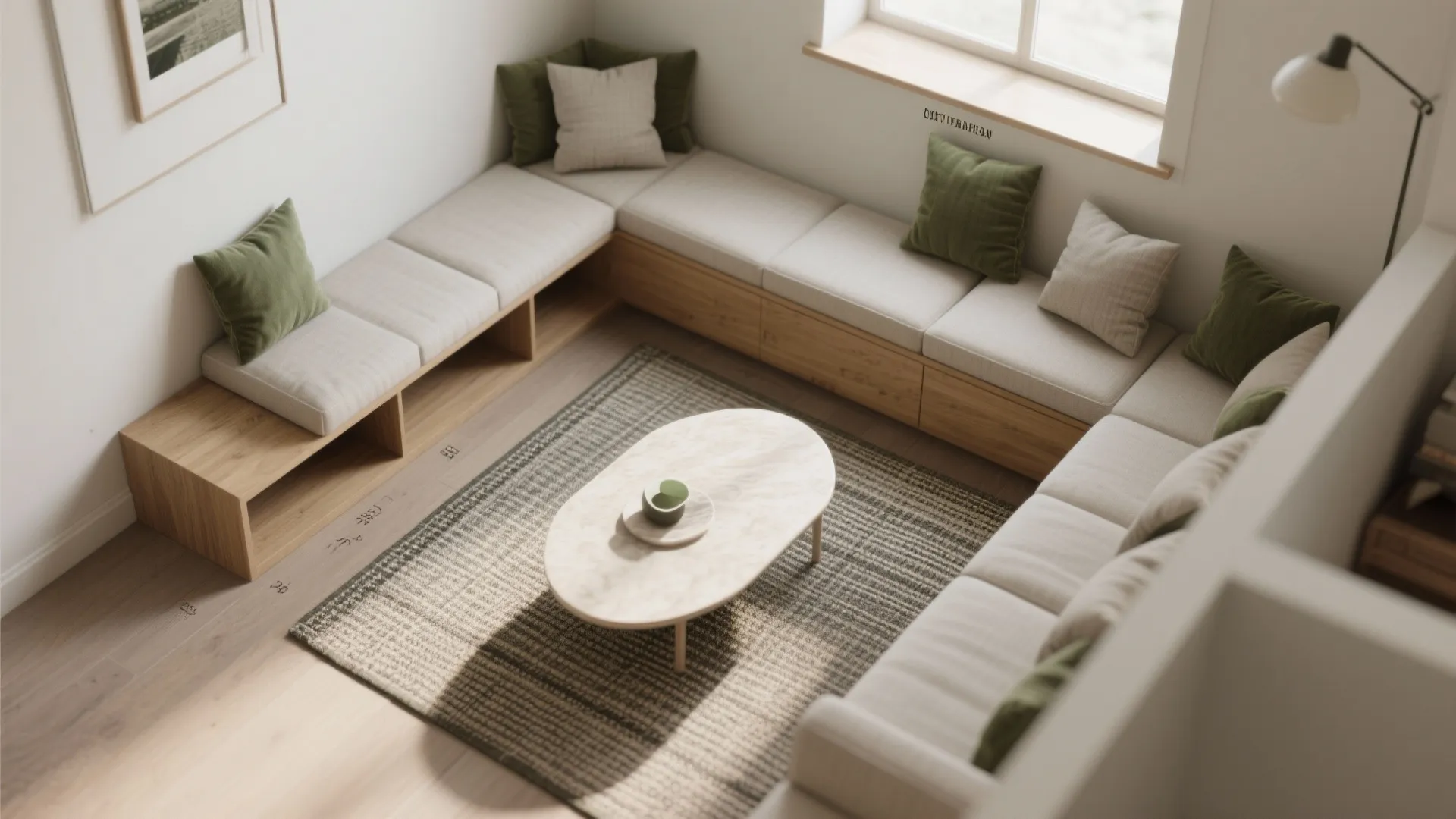 Top view of a cozy living area with beige seating green pillows and oval coffee table