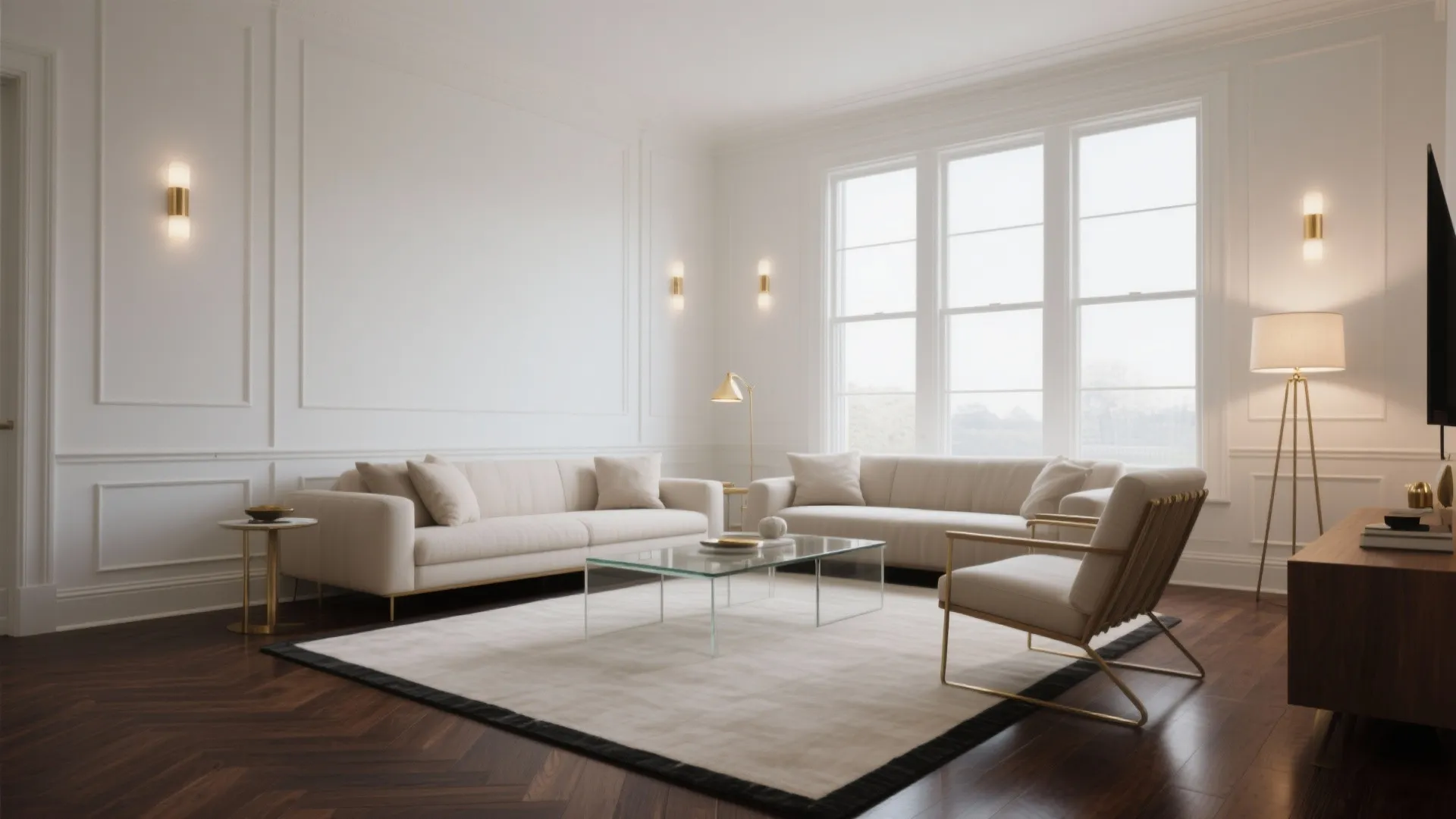 Elegant white living room with cream sofas glass coffee table wall lights and dark wood flooring