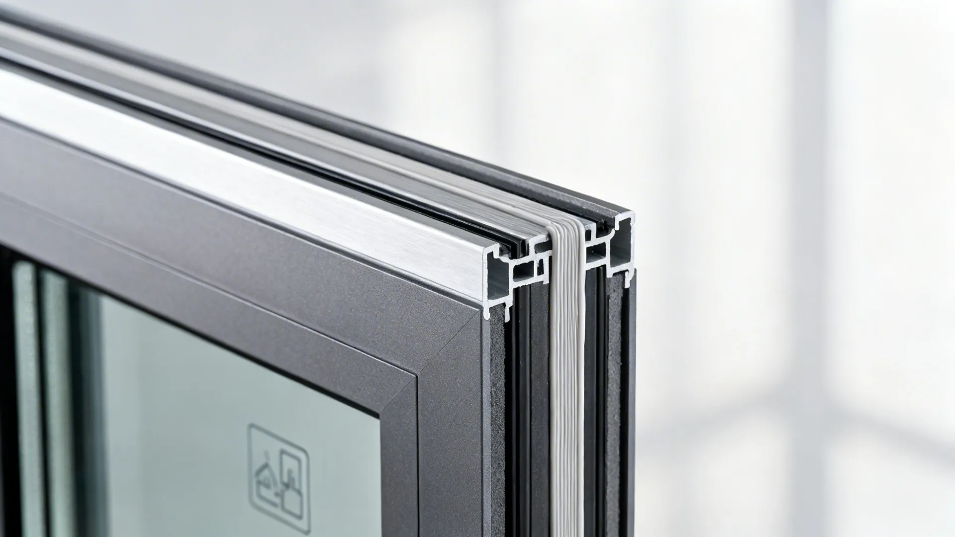 Macro of DGU edge with spacer, sealant, low-E tint, and thermal break frame section.