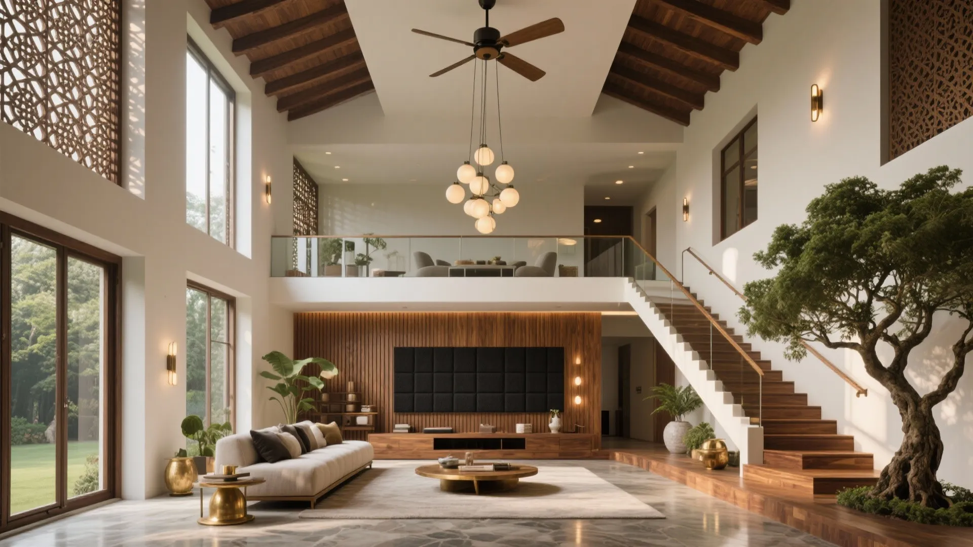 Modern high ceiling living room with white sofa wooden wall panel television and large indoor tree