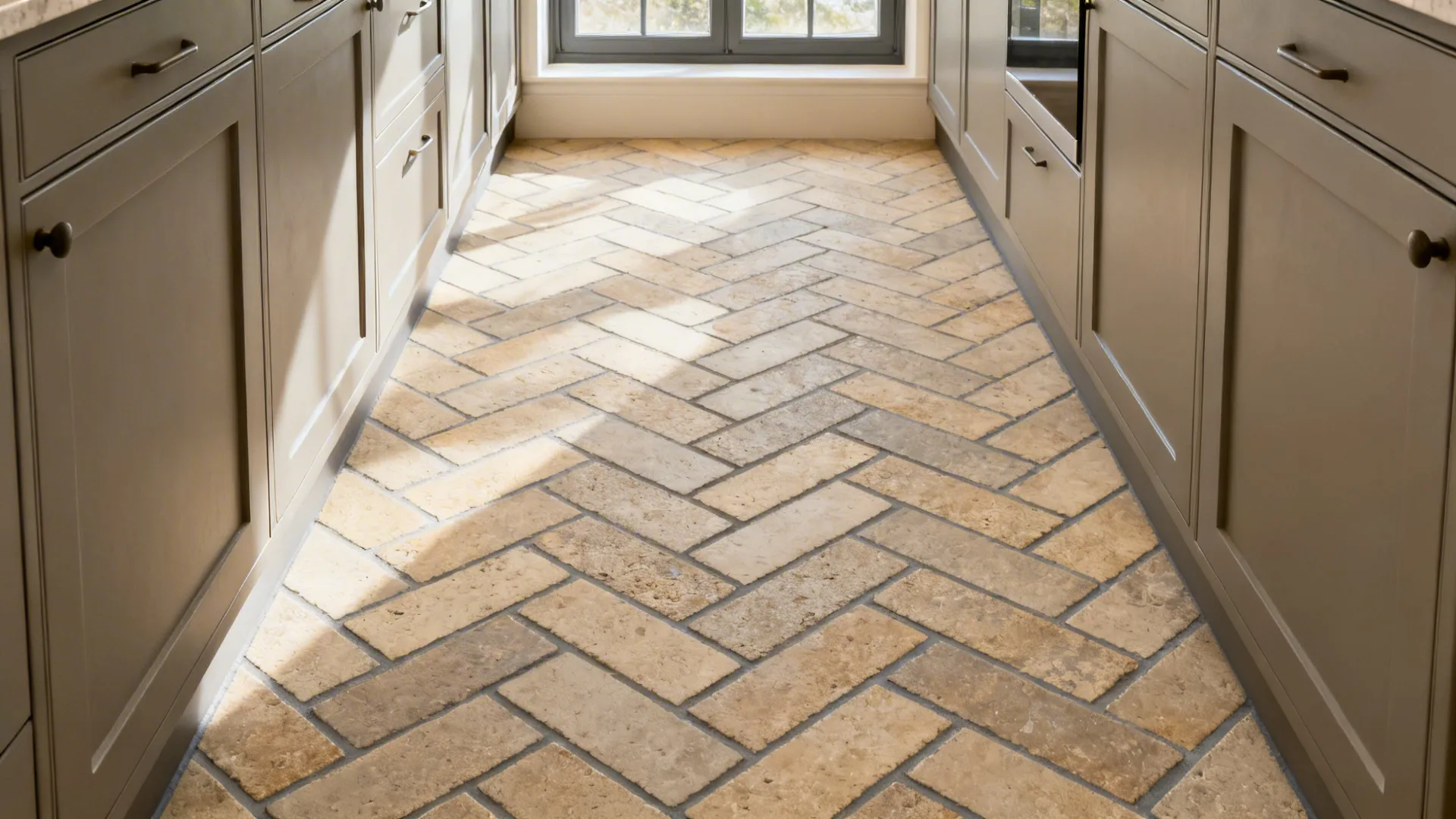 Beige stone floor tiles in zig zag pattern between grey kitchen cabinets under bright natural light
