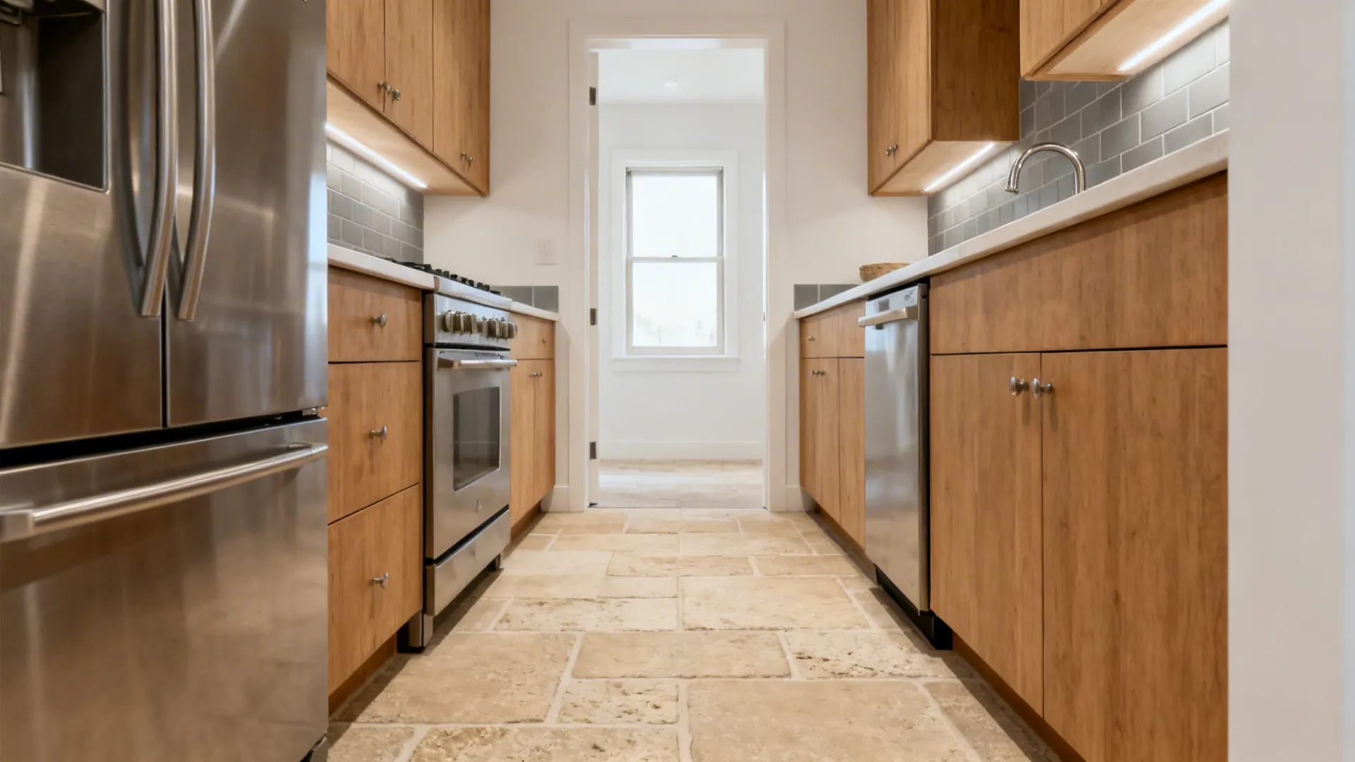 Narrow galley kitchen with light wood cabinets stainless steel stove fridge and beige stone floor tiles