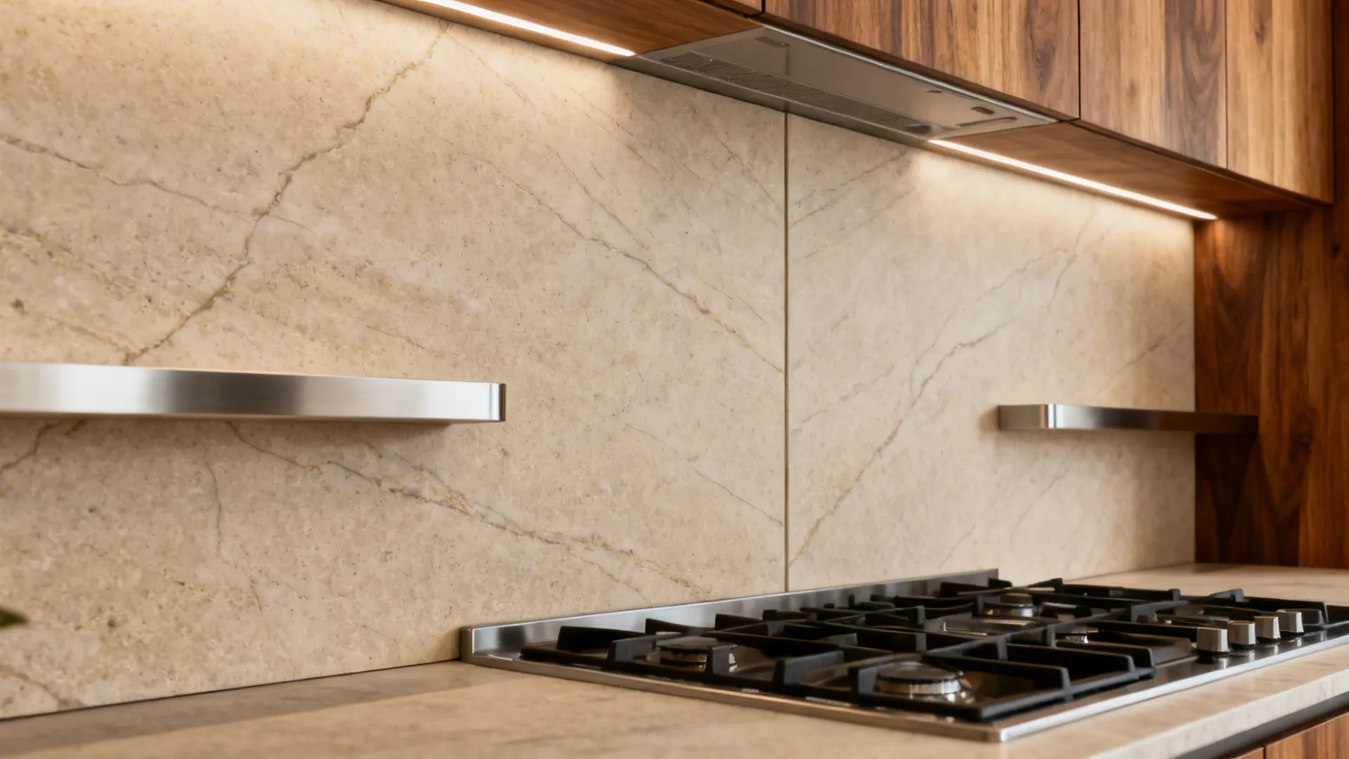 Kitchen wall featuring beige stone slab backsplash under wooden cabinets with lights and gas stove