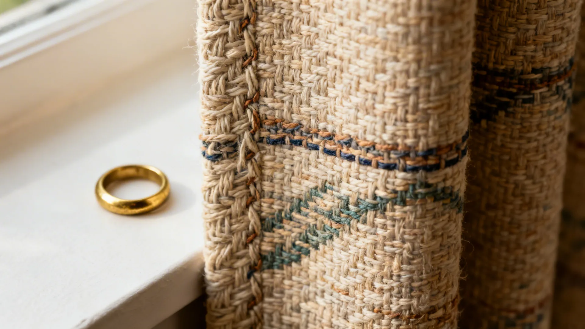 Close-up of handwoven dhurrie fibers beside performance curtain fabric with brass detail.