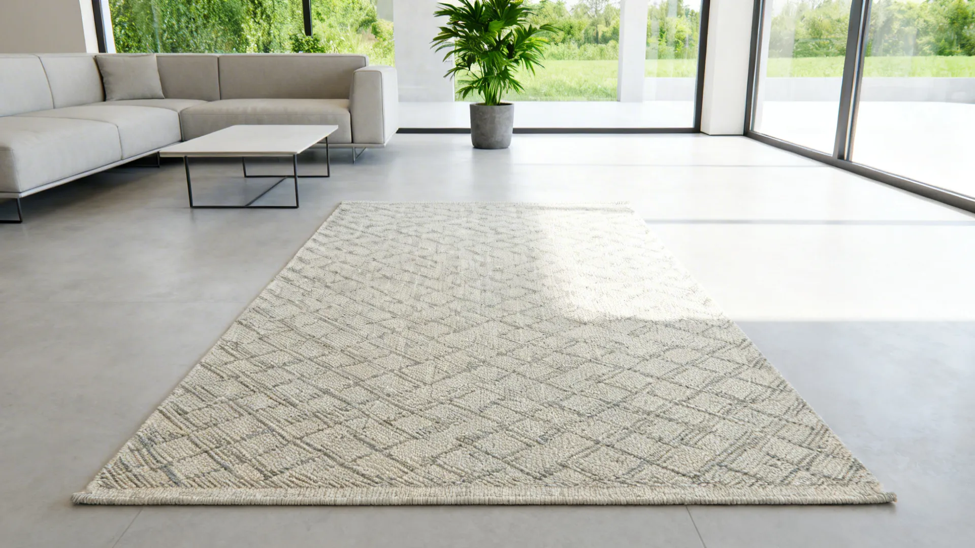Modern apartment with a reversible flatweave dhurrie rug and minimal furnishings.