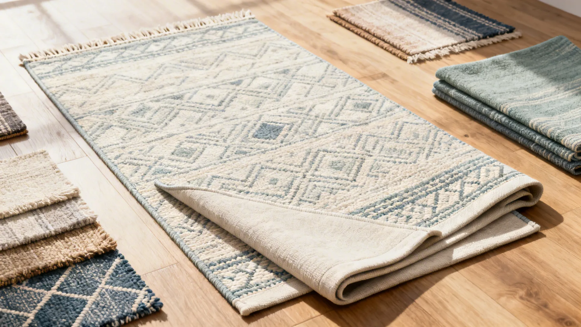 Top-down flatlay of cotton dhurrie flatweave rugs and swatches on wood flooring
