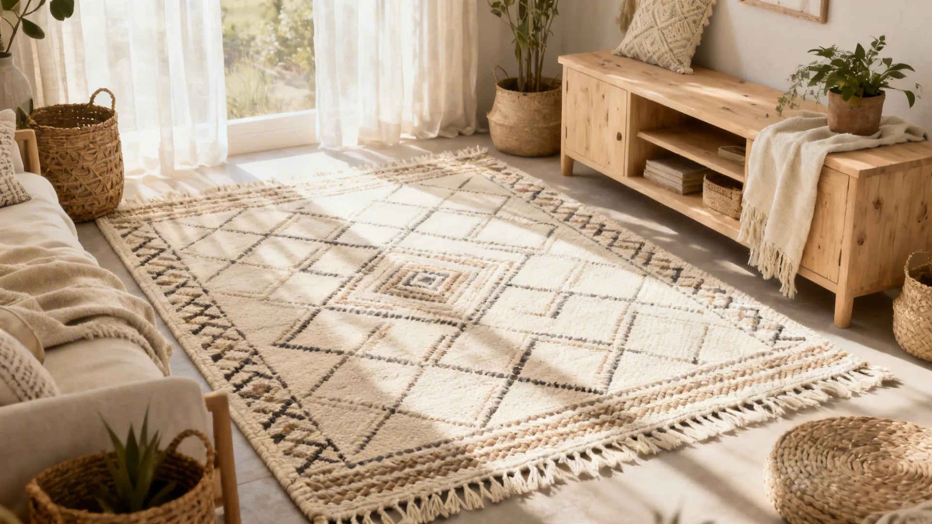 4. Patterned dhurrie for farmhouse with a boho twist