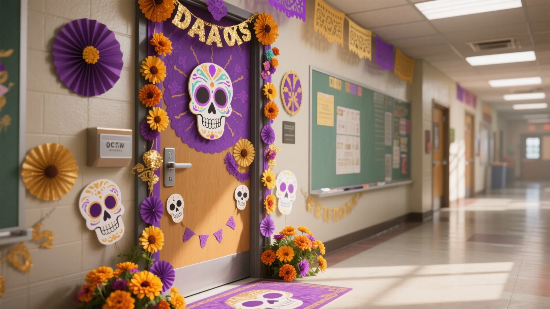 Doorway decorated with marigolds, sugar skulls, and purple accents