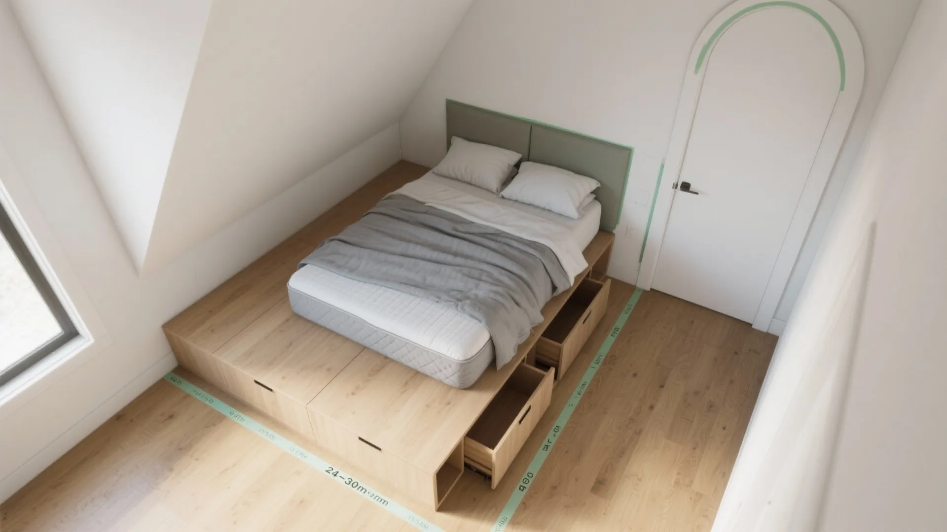 Small bedroom interior design drawing with wooden platform bed built in storage drawers and white walls