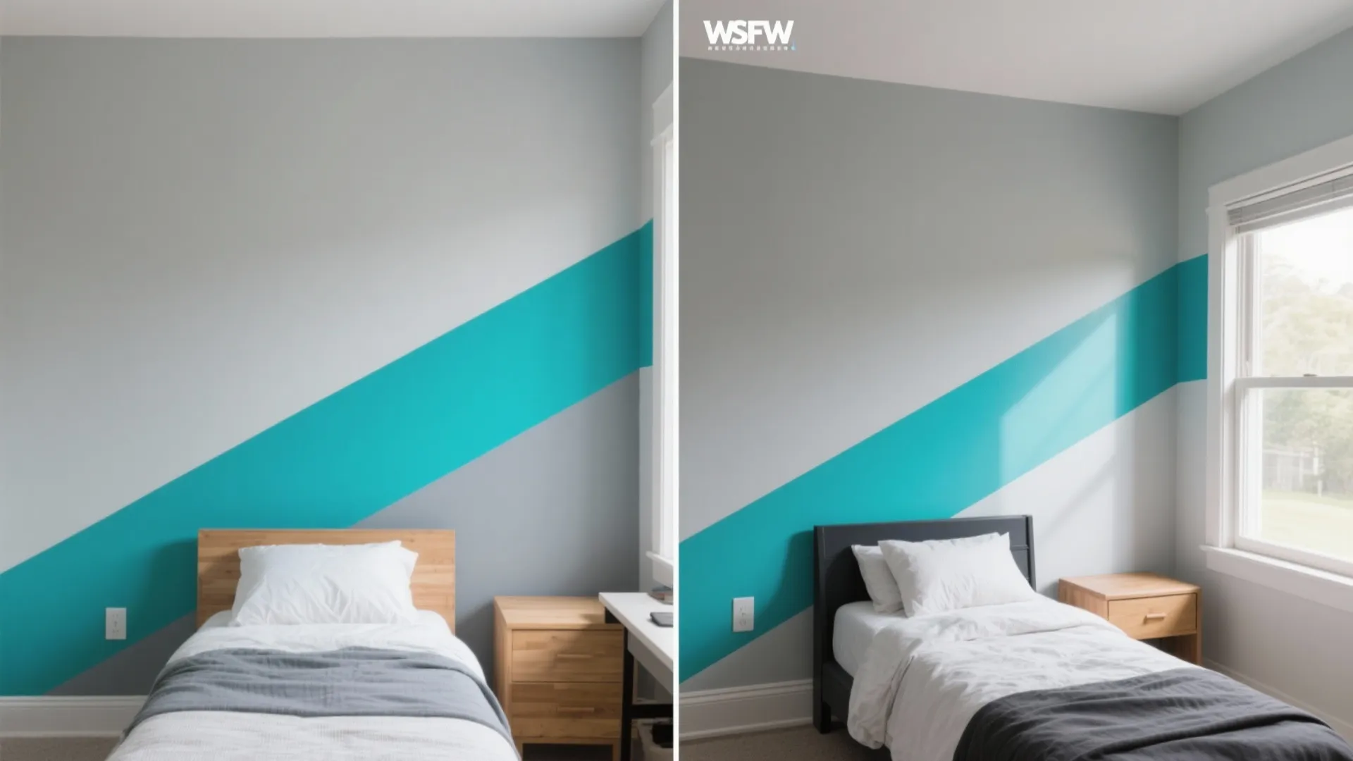 Comparison of two bedrooms with grey walls teal diagonal stripes and different colored bed frames
