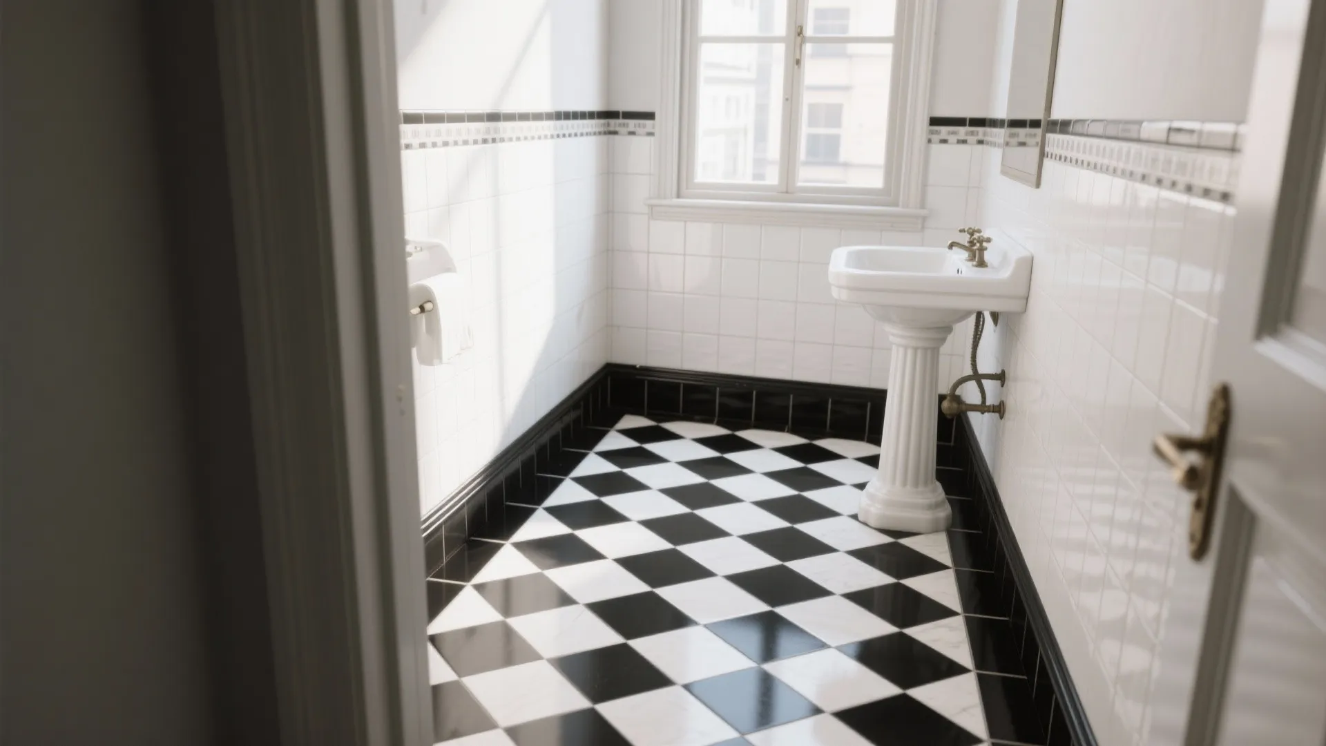Diagonal black and white checkerboard floor in a narrow bathroom.
