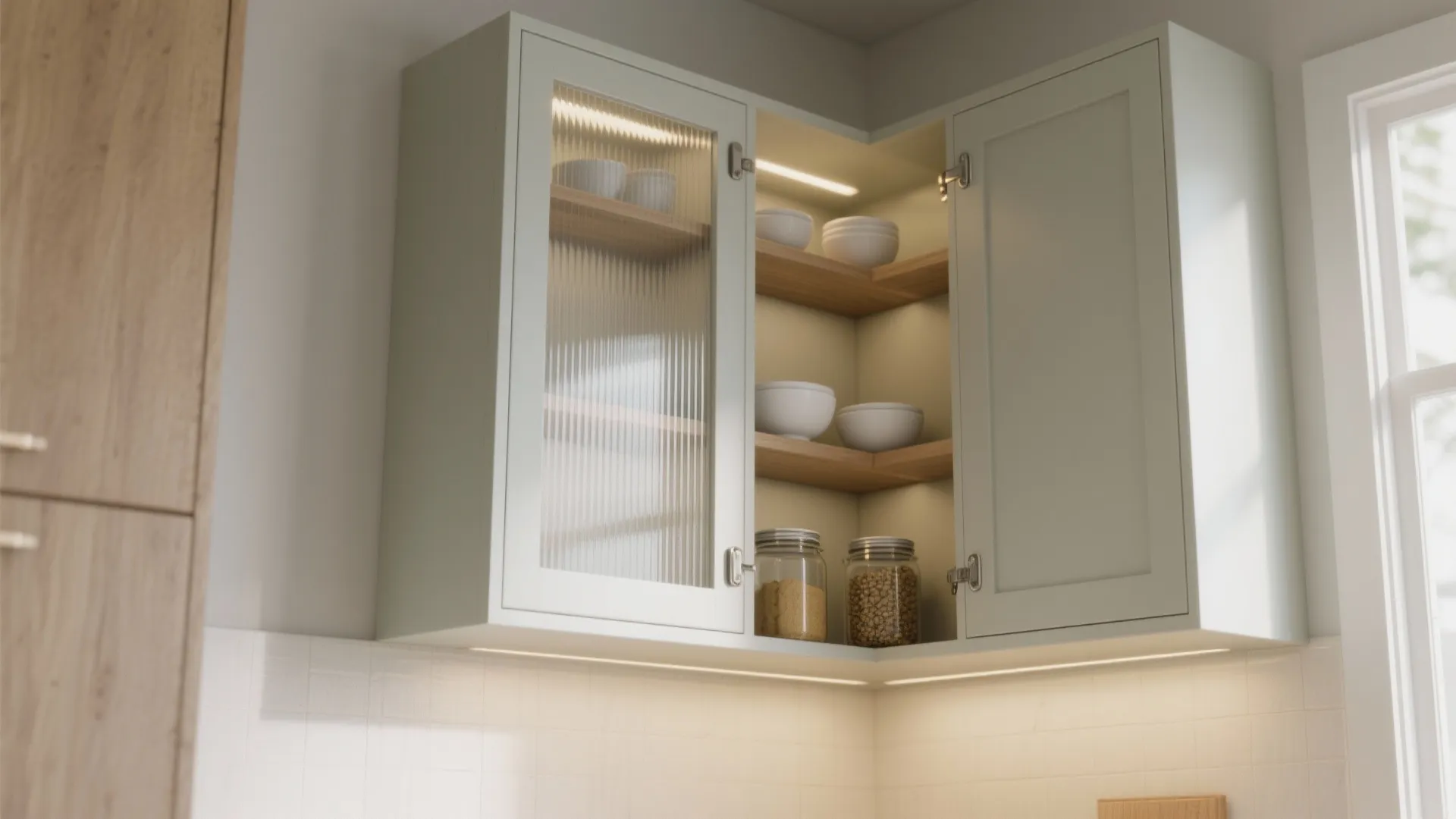 Idea 1: Diagonal corner cabinet with a calm, glass front