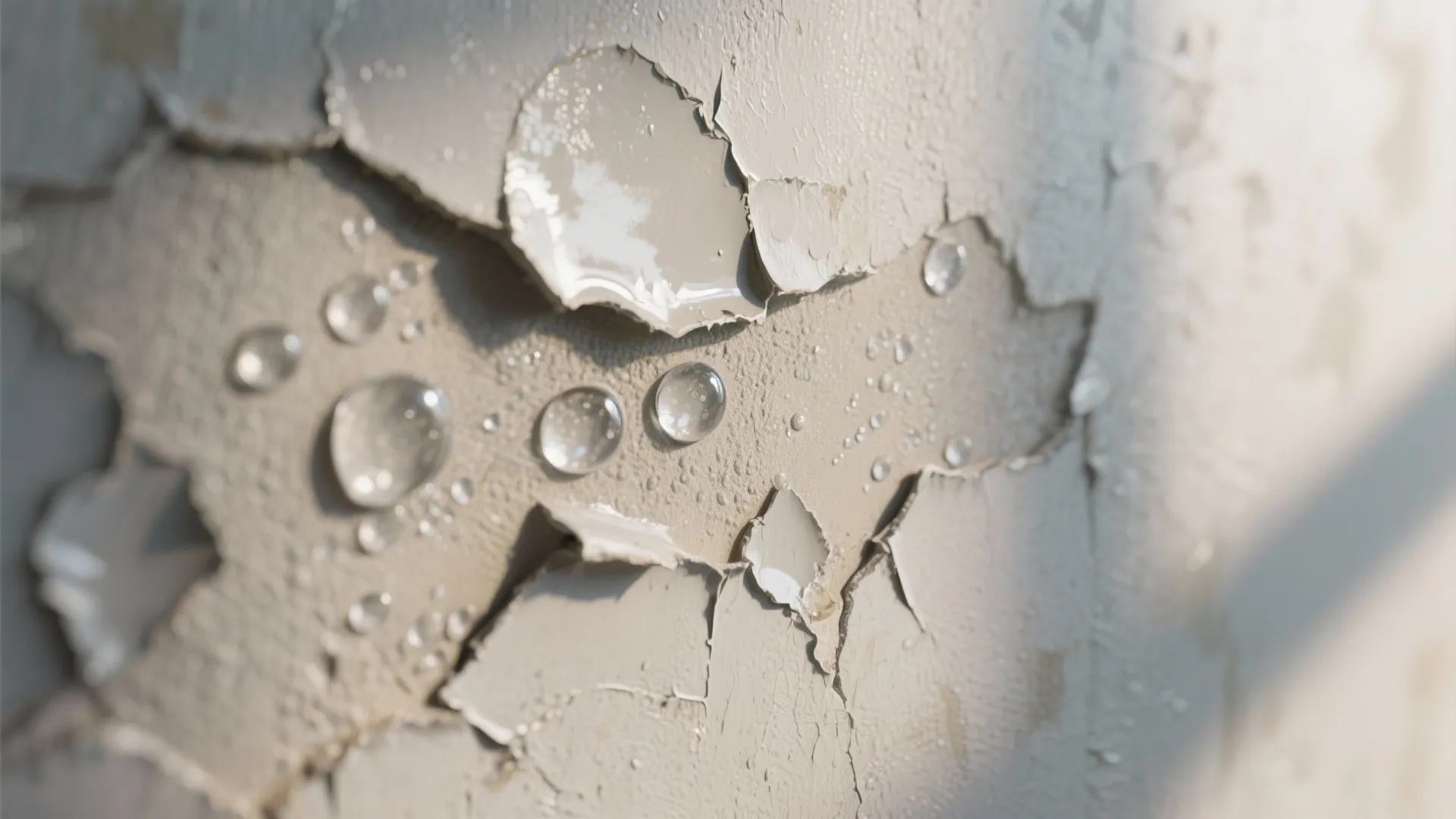 Close up of water drops on a peeling white wall surface showing signs of damage