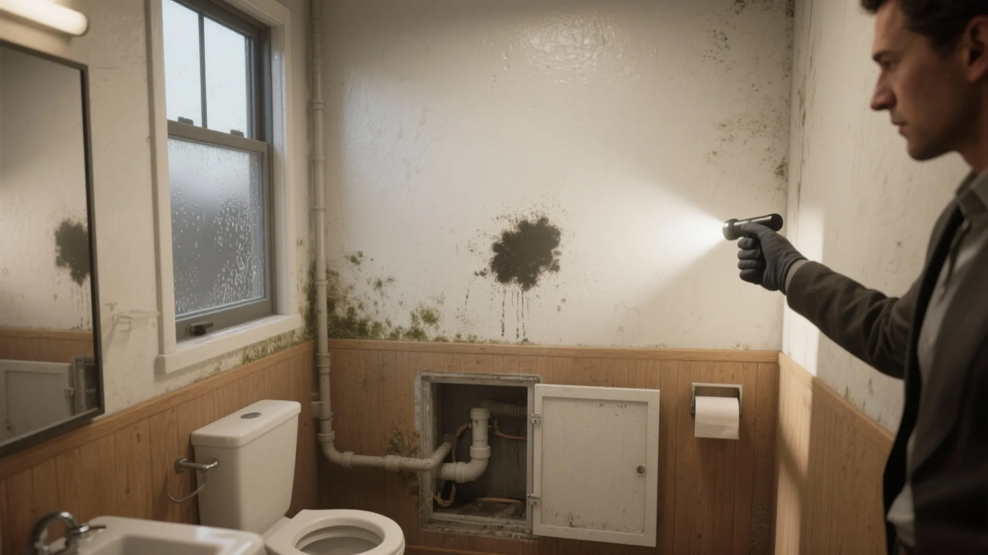 Inspector shining a flashlight on dark spotting and condensation in a small bathroom to locate moisture sources.