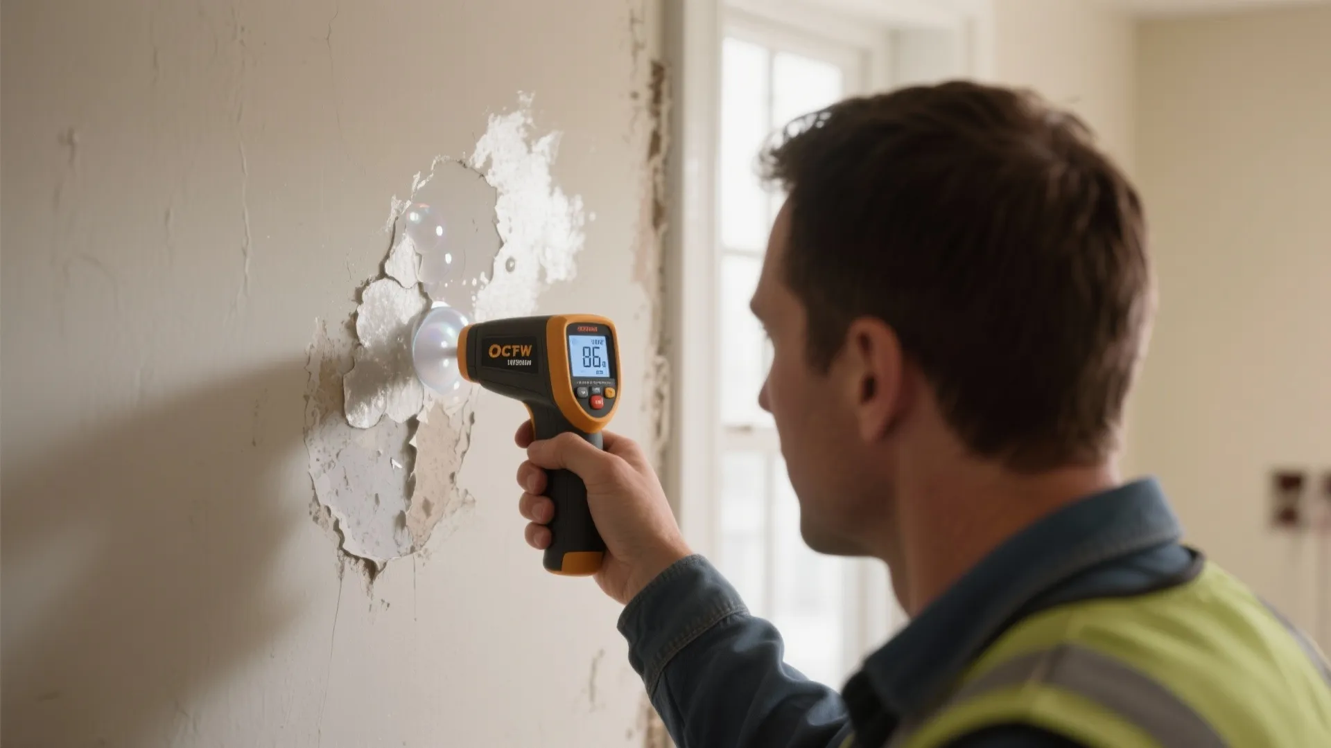 Person using handheld moisture meter to check damaged wall with peeling paint and bubbles room