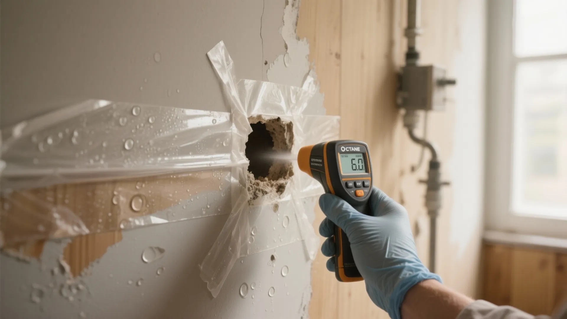 Gloved hand holding a moisture meter to check a damaged wall covered with plastic wrap