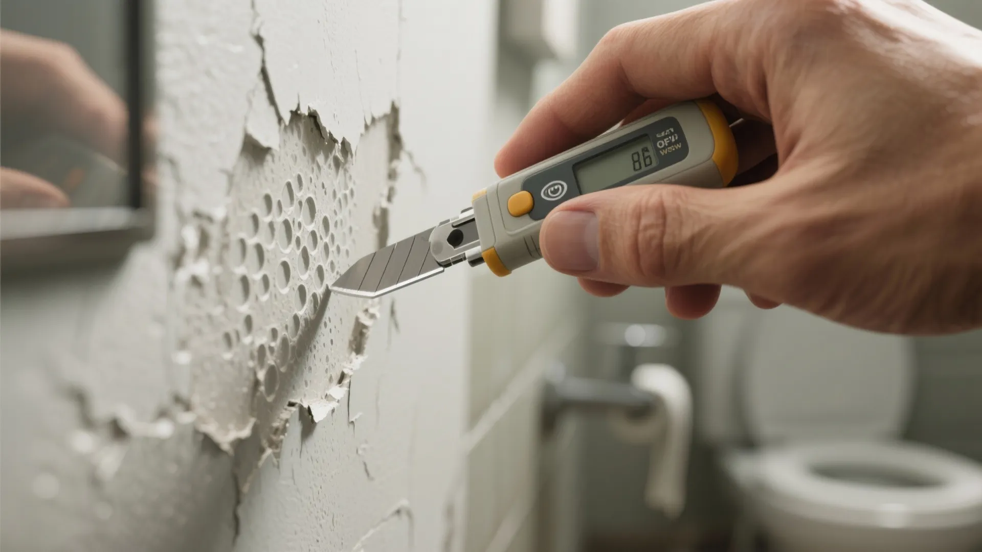 Person using a handheld digital tool to check damaged white paint on a bathroom wall
