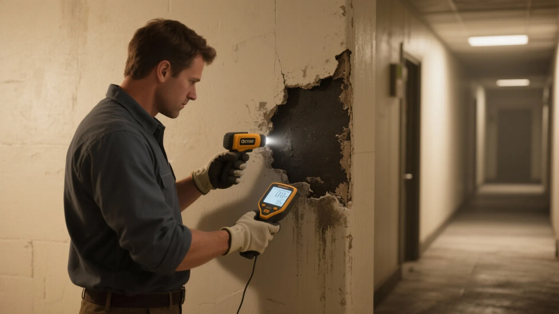 Man in blue shirt using yellow tools to inspect damaged wall inside a long hallway