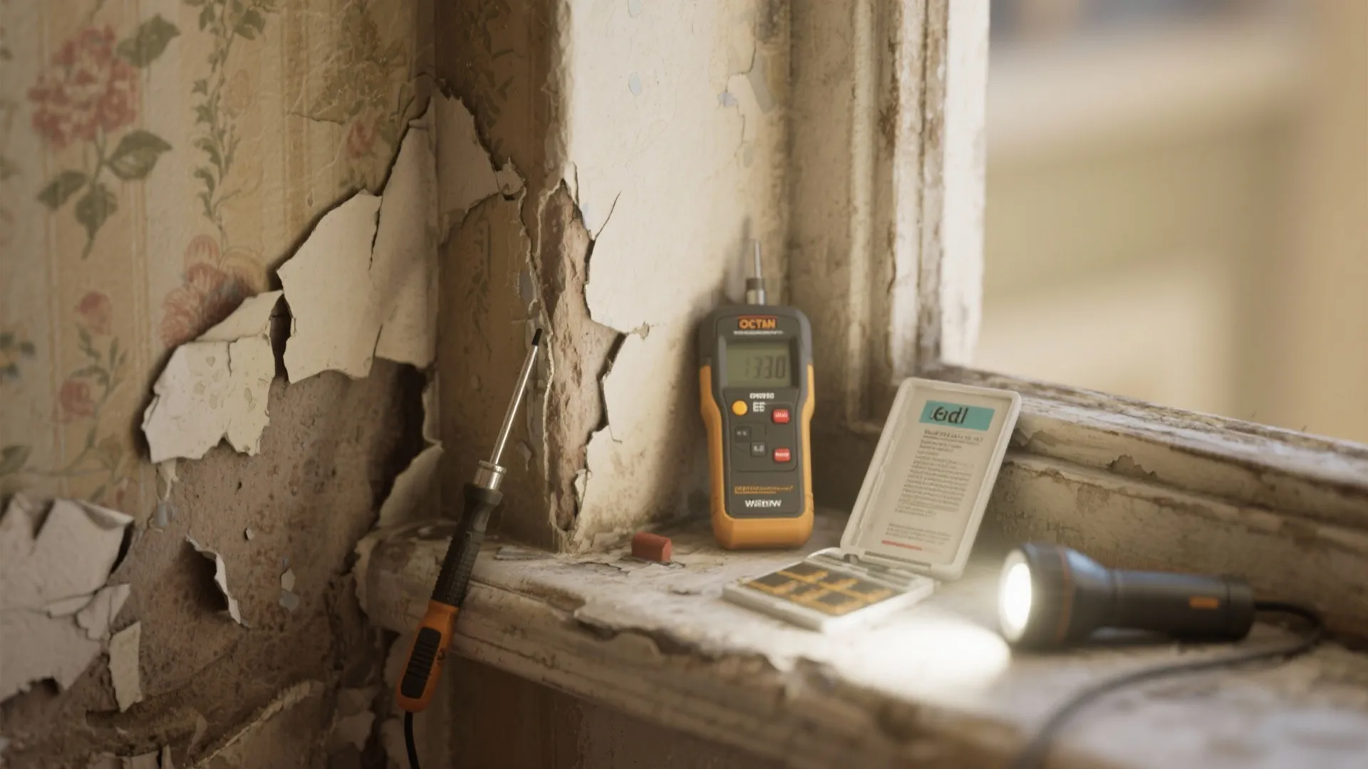 Electronic wall testing device with screwdriver and flashlight on a windowsill near peeling floral wallpaper