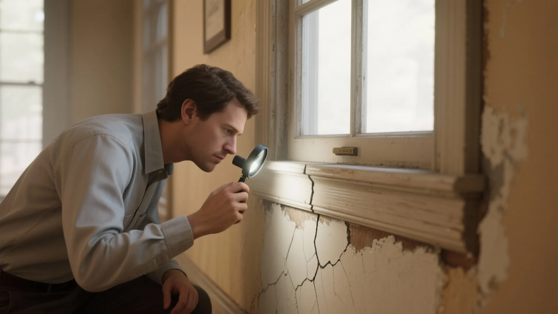 Man using a magnifying glass to inspect a crack on the wall under a window