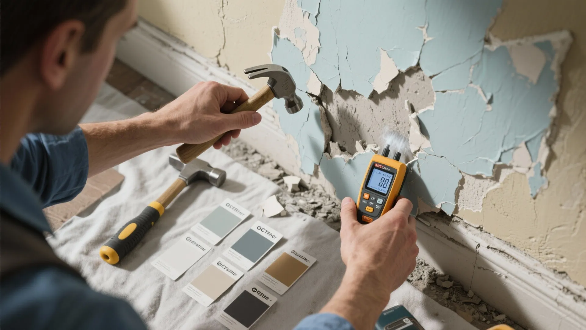 Person using a hammer and digital tool to check moisture on a peeling blue wall