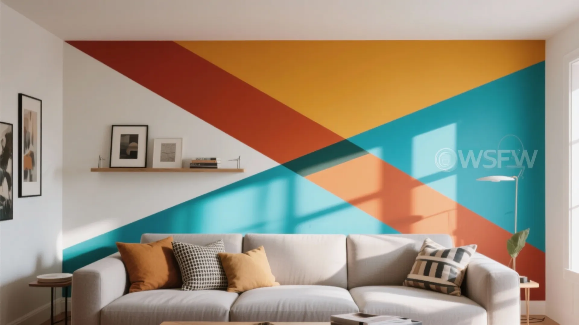 Living room with sofa and wall featuring a modern colorful diagonal painted geometric pattern design style