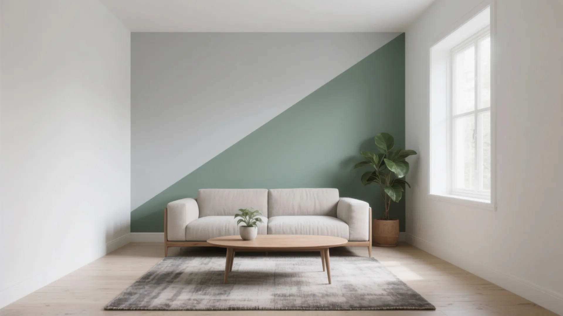 Living room with a diagonal color-block accent wall guiding sightlines toward a window, pale gray on off-white in soft daylight.