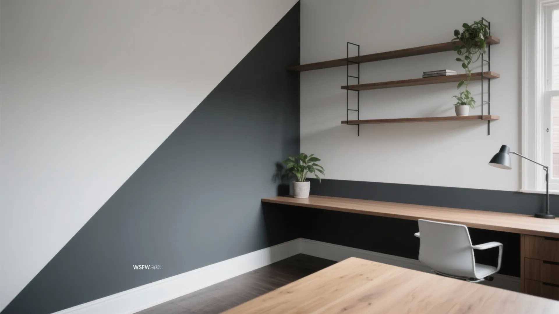 Modern home office with grey diagonal wall paint wood desk white chair and wall shelves
